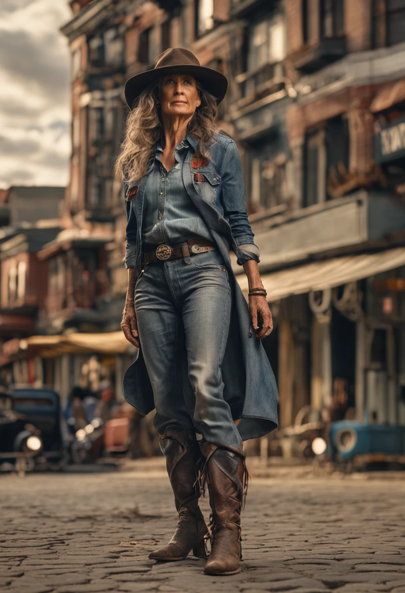 50-year-old woman,Flowing gray hair,ride horse,Denim styling
