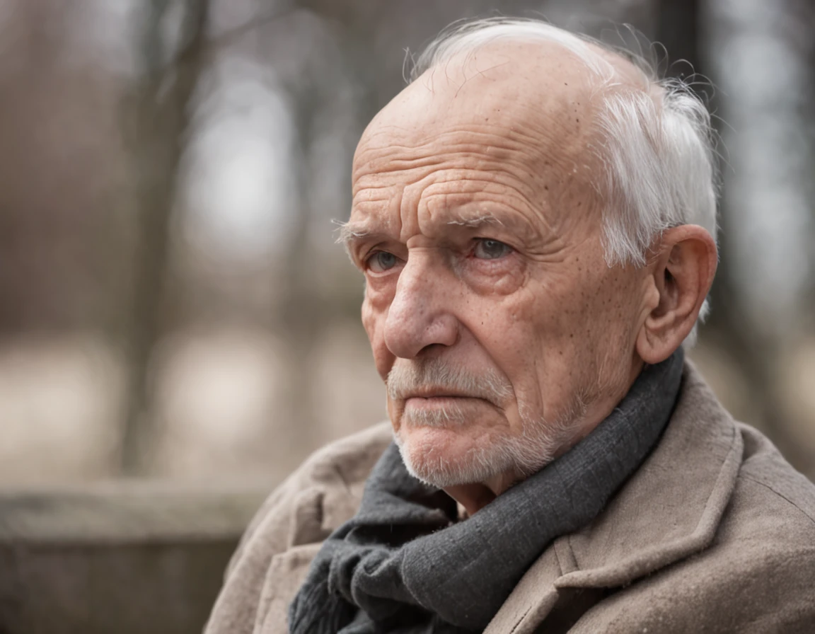 sad old man with strictures sitting on a bench looking at the horizon