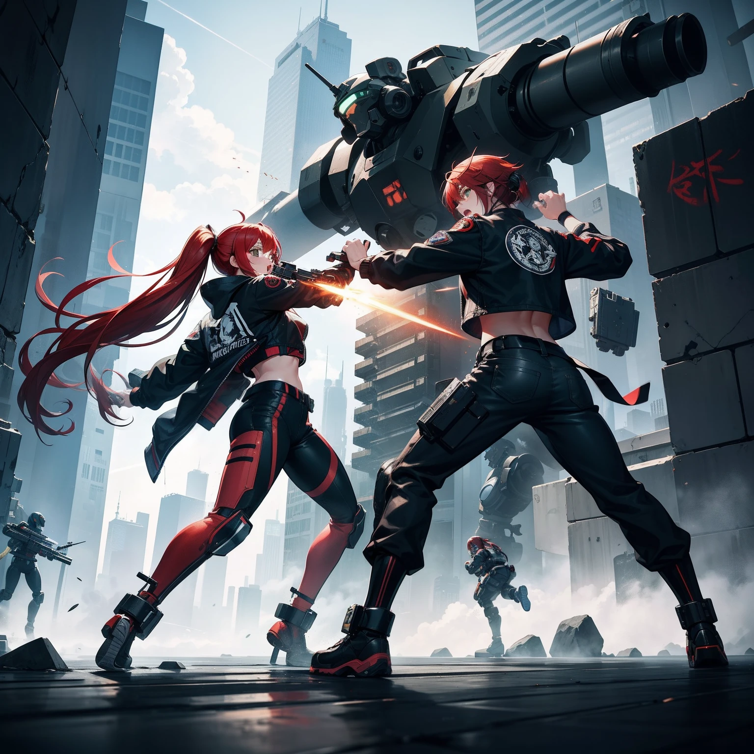 Full body shot, female asian Irina Shidou red hair twintails green eyes, in a cyberpunk city, wearing a bomber jacket and crop top and denim shorts, fighting a humanoid robot android with metal chrome exterior, holding a big machine gun, holding a long laser rifle, shooting laser rifle, shooting lasers up at the sky, missile strike, rocket launch,  rapid fire, explosions, hand to hand combat, fighting, round house kick, jumping kick, guns flaring, punch face, open mouth, screaming, frontal shot, side shot, rear shot, back shot, behind shot, masterpiece, highly detailed