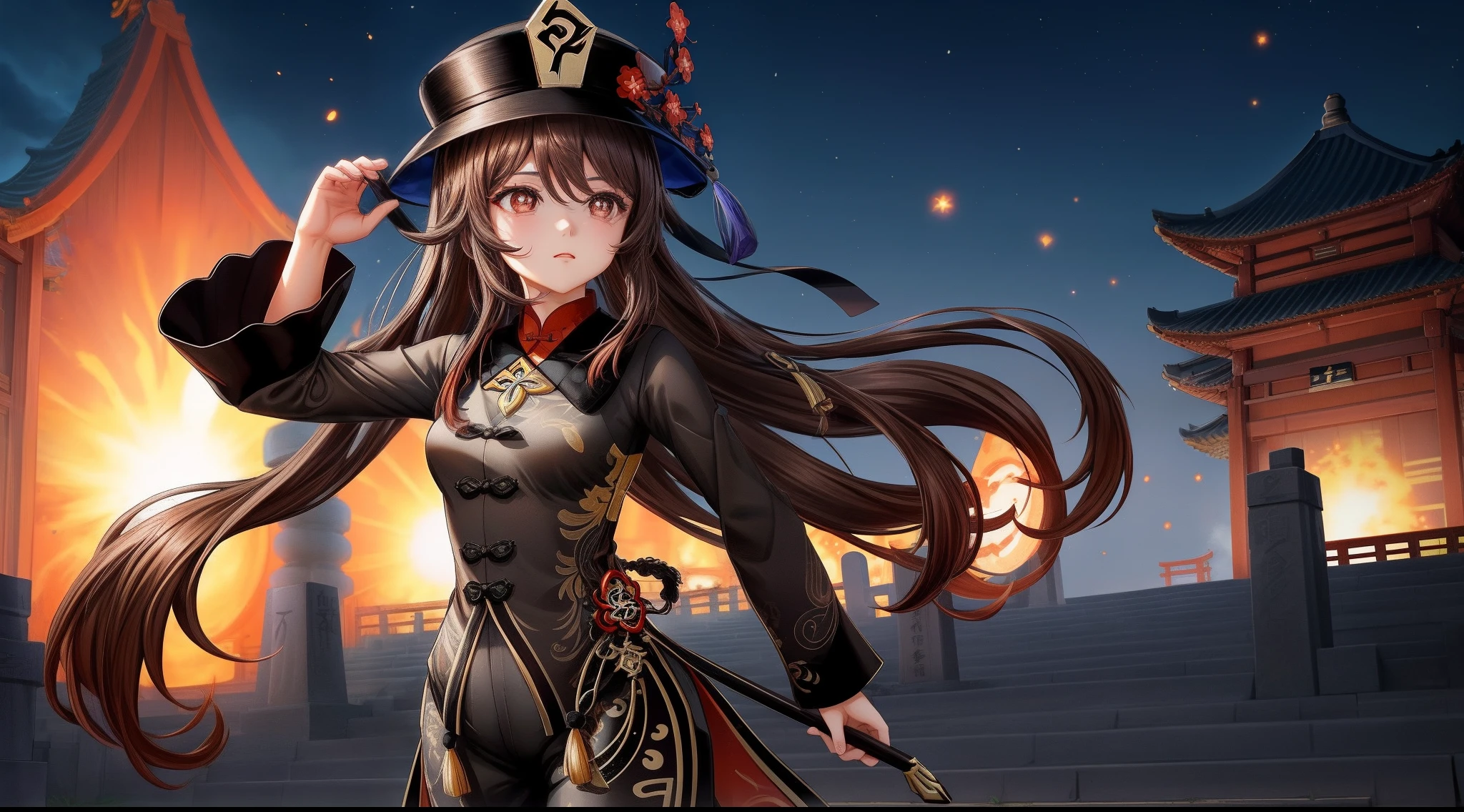 1girl, (hu tao genshin impact), focused upper body, realistic, (brown hair and black hat), star shaped pupils, standing pose, (black chinese suit), graveyard background