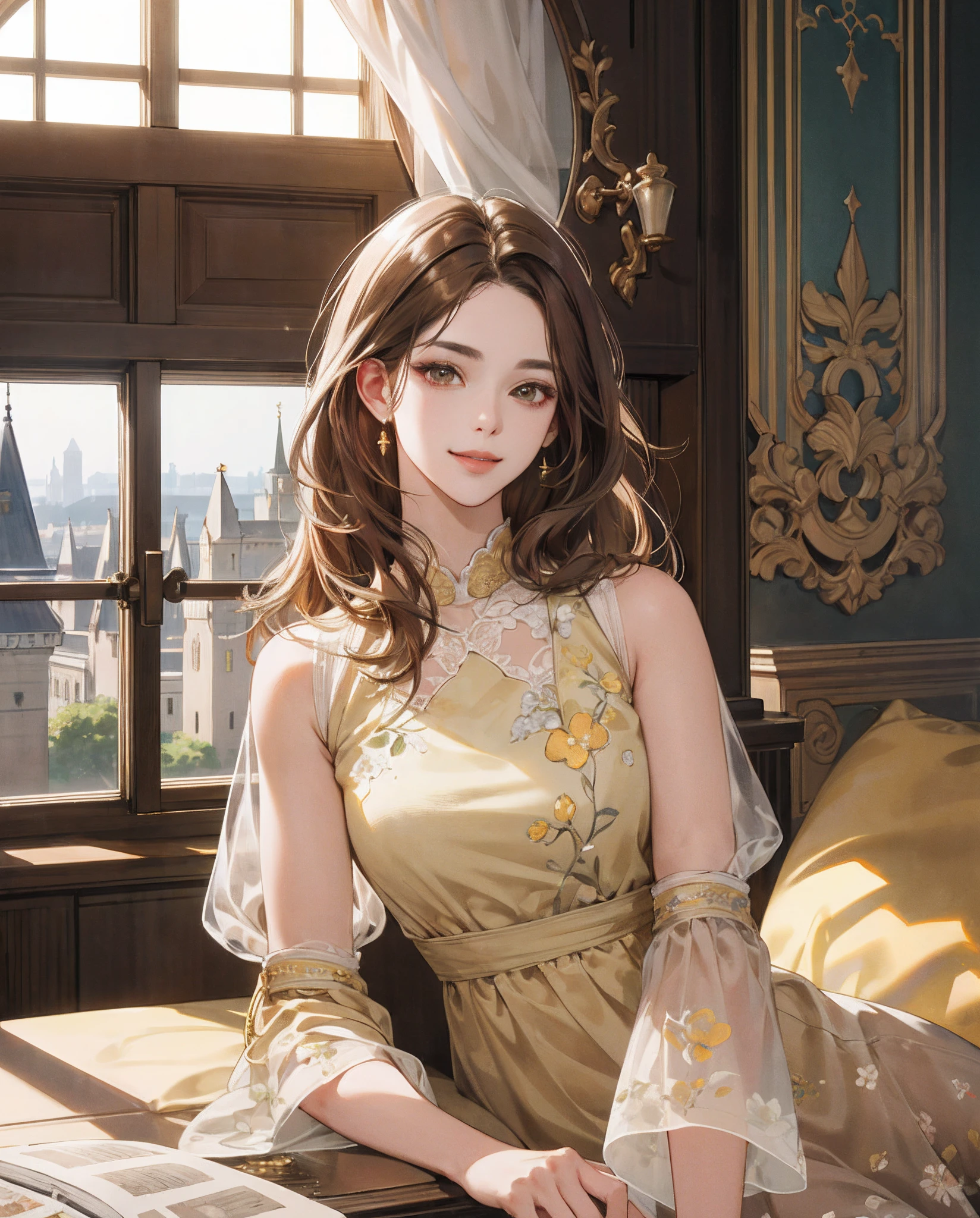 (Masterpiece)、(Photorealsitic、RAW photography、top-quality: 1.4)、(1womanl)、((Light yellow floral dress))、Beautiful expression、((A slight smil))、(Brown hair long:1.3)、Beautiful hairstyle、photorealistic eye、Beautiful details、(real looking skin)、Beautiful skins、enticing、超A high resolution、ultra-realistic realism、high detal、the golden ratio、((Window sill for a luxurious castle room))