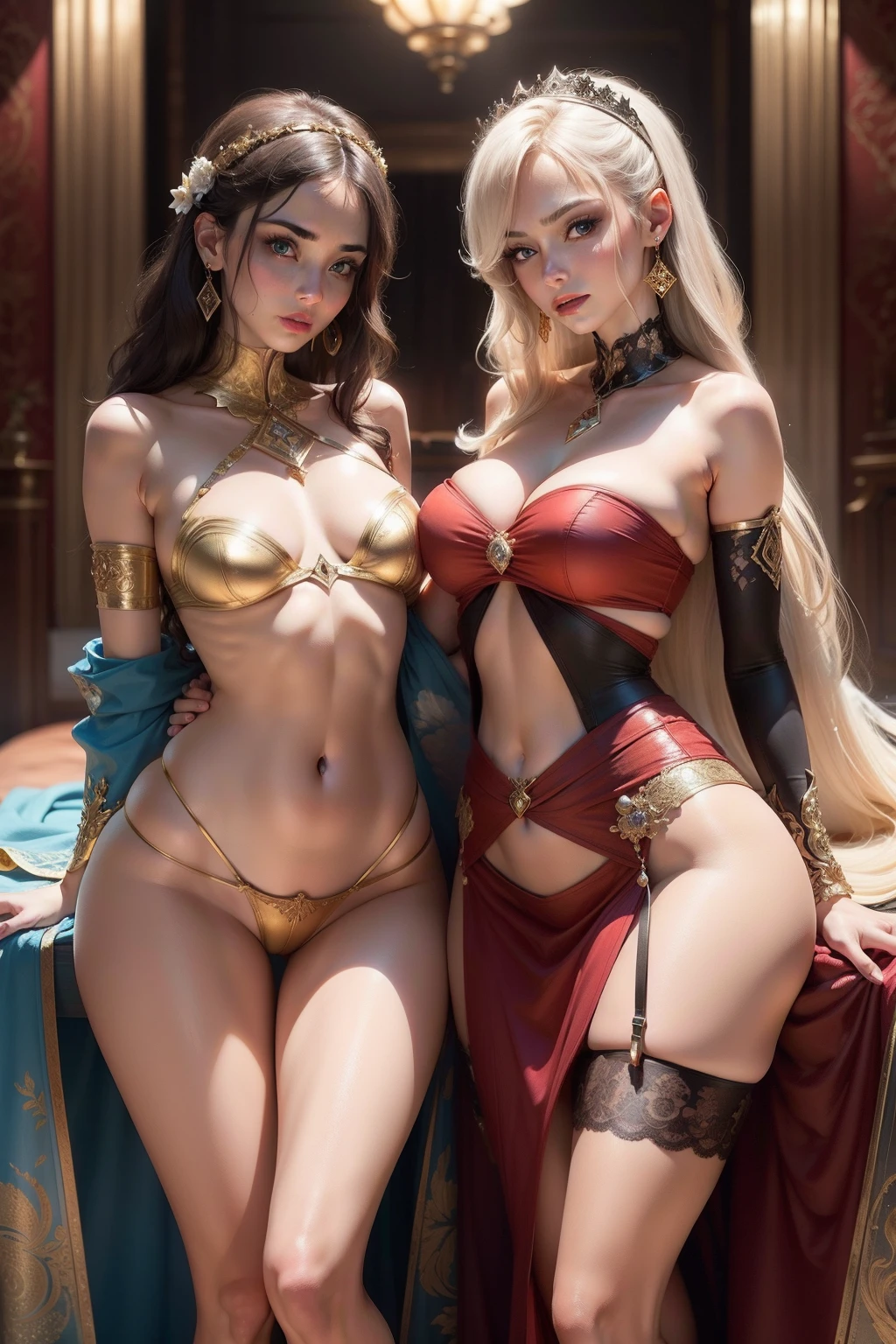 k hd,detail-rich, 1 woman,natta,European style background,独奏, full bodyesbian, (best qualtiy, tmasterpiece, absurderes: 1.2), s the perfect face, Very delicate and beautiful, Fine-grained skin texture, Lively and radiant skin, Long legs, PureErosFace, eBlue eyes, tense look,The lips are slightly open, a color,nedium breasts,Half buckle,nabel,Lace,Miniskirt,transparent pubic hair,Rags,Jewelry earrings,dyna,lewd poses,golden colored,red colour