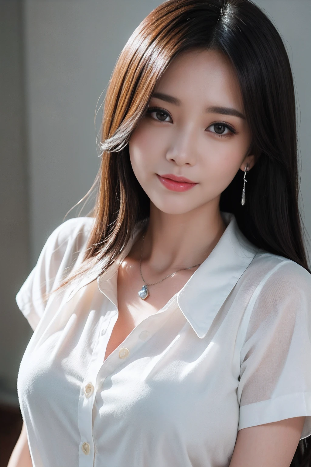 (Buttons up to shirt length:1.2)、(White short-sleeved shirt with collar)、(Unbuttoned shirt:1.1)、huge tit、Deep valley、top-quality、masterpiece、illustratio、extremely delicate and beautiful、ighly detailed、CG、Unity、8k wallpaper、astonishing、finely detail、Highly detailed CG Unity 8k wallpapers、huge filesize、ighly detailed、hight resolution、Handsome detailed woman、extremely detailed eye and face、 Stunning detailed eyes、Facial light、(The best illustrations:1.1)、(Best Shadows:1.1)、超A high resolution、(Photorealsitic:1.1)、(Photorealistic 1.2:1.1)、Realistic facial proportions、Slimed、a smile、(makeups:0.4)、(fluffy black eyes:1.21)、black eyes、Look at viewers、dark brown hair、耳环、a necklace、(Irregular irregular skin defects、vein、Wrinkled pores on the skin:1.2)、(Dark night background: 1.2)、(bokeh dof:1.4)、