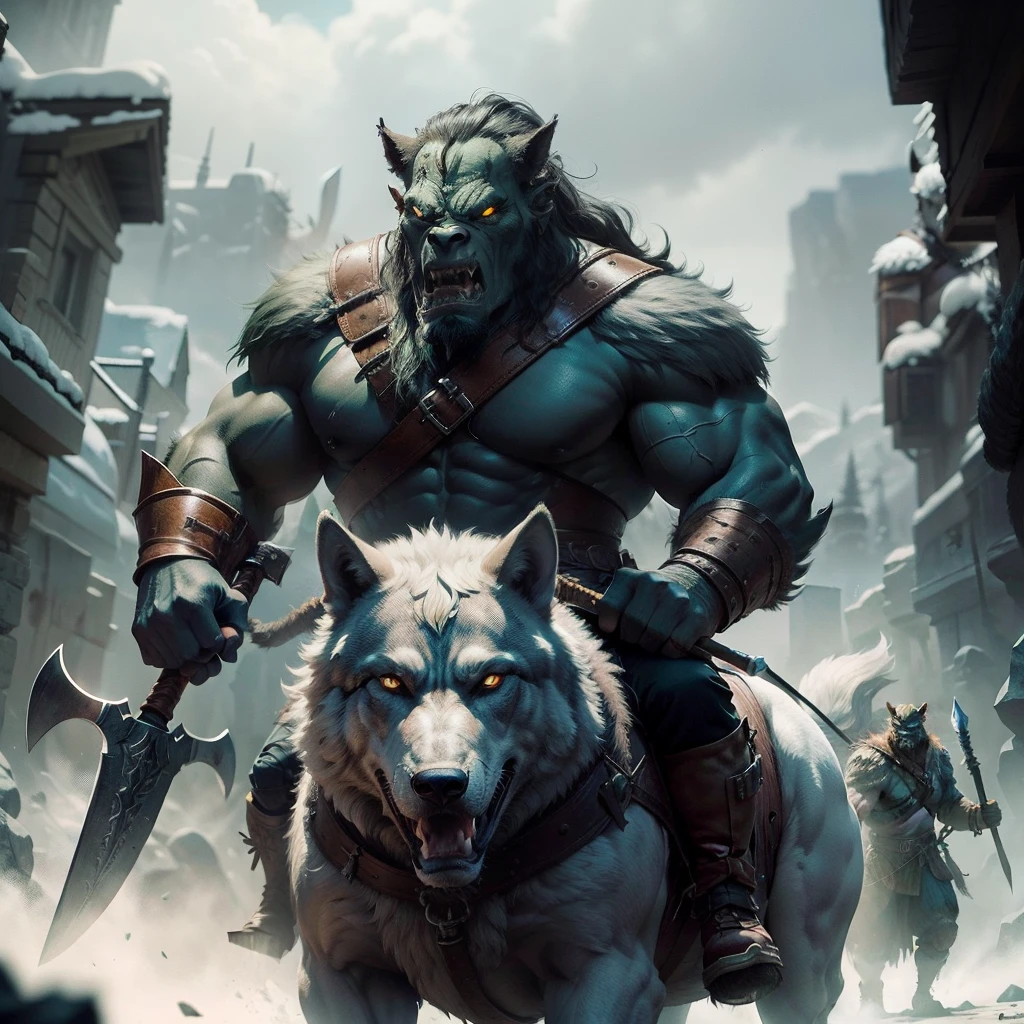 Orc soldiers,Riding a wolf,Armed with a giant axe