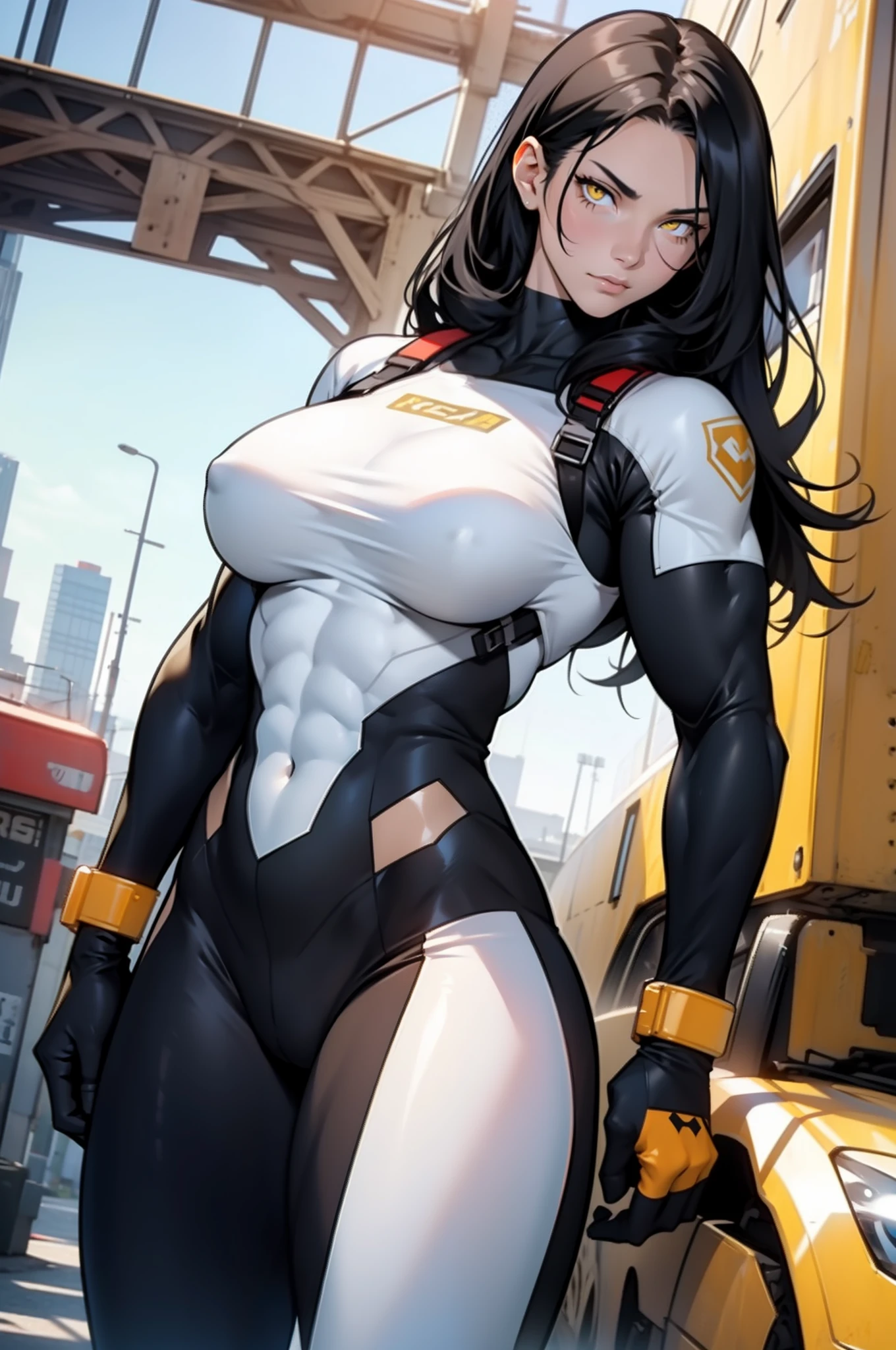 1 girl, black hair, yellow eyes, very long hair, pale skin, curvy, ((((extremely muscular)))), huge breasts, confident look, bodysuit