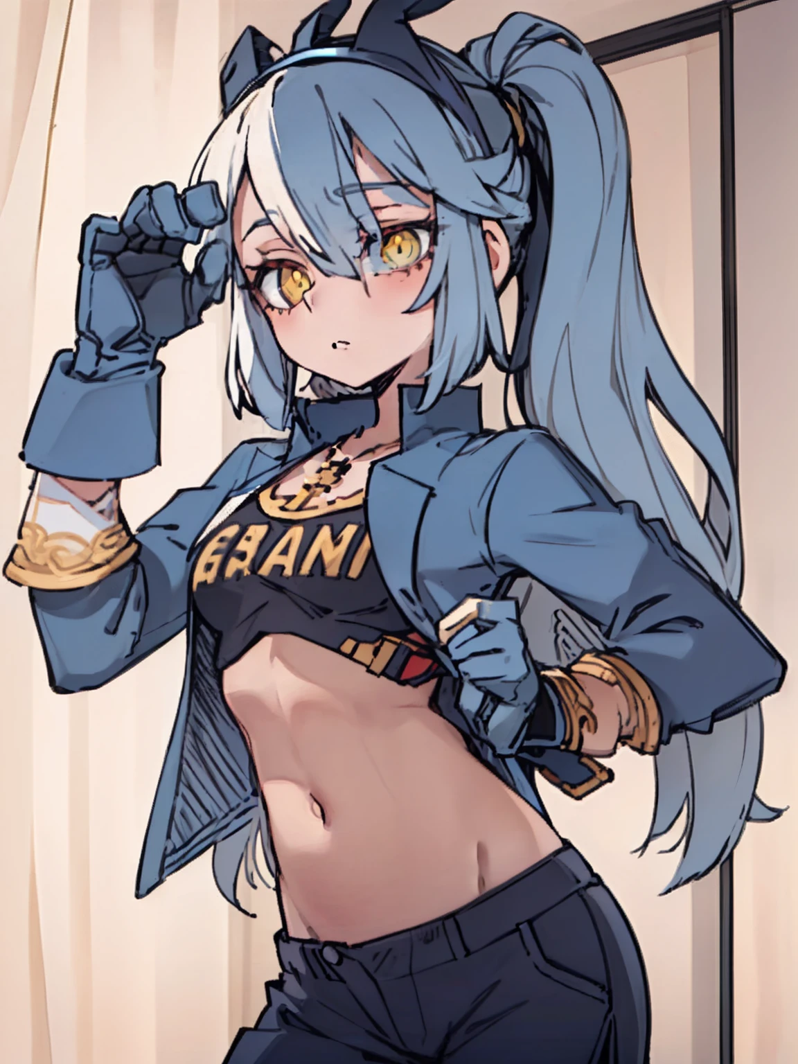 A girl frontal,((Three-quarters),(Long gray-blue hair，Hanging down,（Young）,，（long sideburn），（Hair covers the left eye），shorter pants，modern day，Look to the lens，Genki，vibrancy，Cute girl，flatchest，Golden eyes