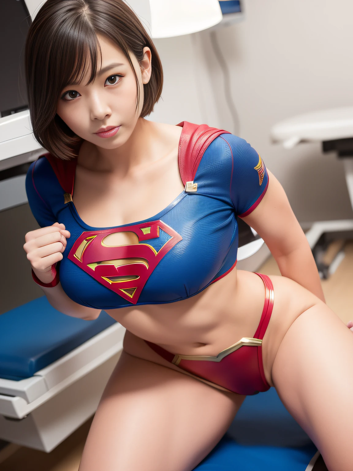 masterpiece,Supergirl Costume, short-hair, bare-legged, large full breasts,surgery room、Operating table、straddle、depraved、shiny、Looking at the camera、Provocation