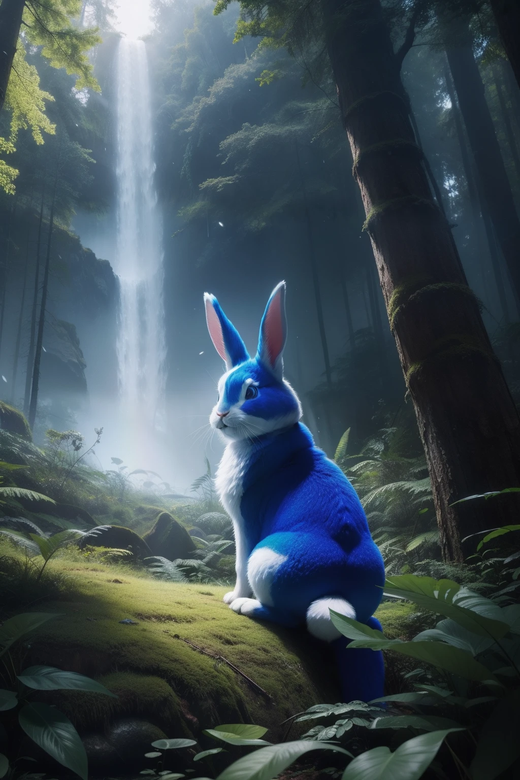 Rainbow is a rabbit who is lost and sad in the Forest of Dreams. Their coat is a mixture of bright colors, blue and white with the tail like a real rainbow. His eyes are large and curious, sempre pronto para descobrir novas aventuras. Com suas orelhas peludas, Rainbow is able to capture the subtlest sounds of the forest, What helps you stay alert during your explorations. --realista, Cinematic 4K, ......3d