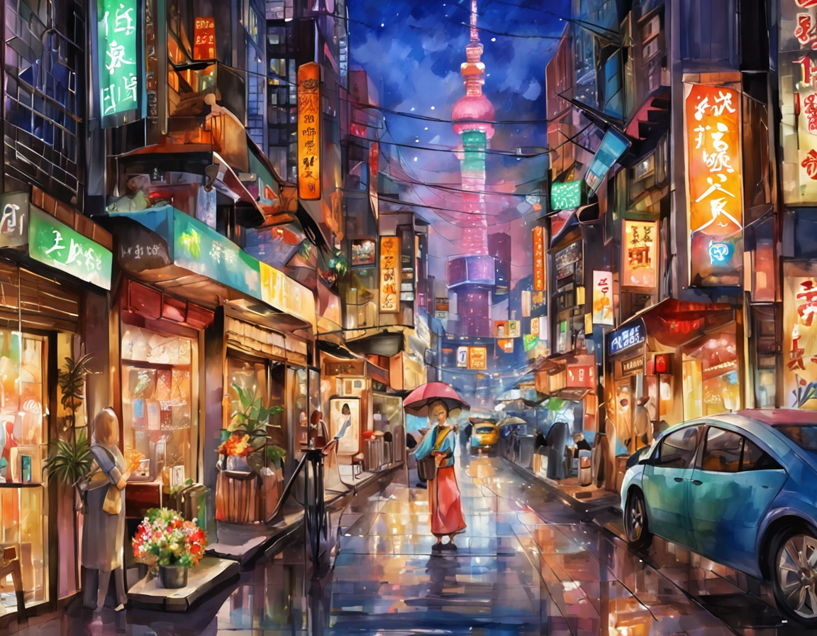 (tmasterpiece)，(top-quality)，(NFFSW)，Located in the bustling neon streets of Tokyo at dusk, Capture the glittering reflections of skyscrapers in a tranquil watering hole below, An artistic style that embodies 3D models. Amplify Ultra HD, Details of the complex face of a young woman, City lights illuminate, Convey feelings of longing and anticipation. Her beauty is perfect, Consists of a wide-angle configuration，Asymmetrical arrangement to increase vitality. producer：Alastair Manado