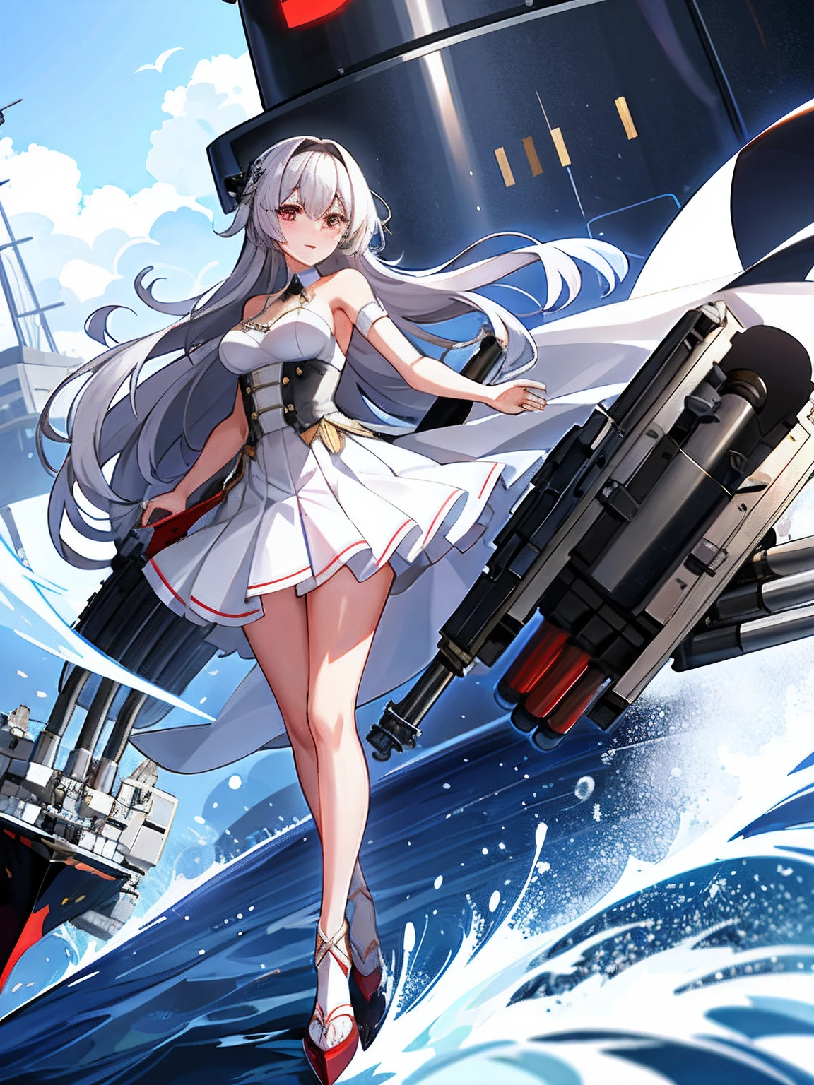 A woman in a white dress holds a gun,Stand on a battleship, an anime drawing by Shitao, pixiv contest winner, auto-destructive art, Kantai collection style, kancolle, azur lane style, konpeki no kantai, A scene from the《azur lane》videogame, girls frontline style, from girls frontline, girl with warship parts