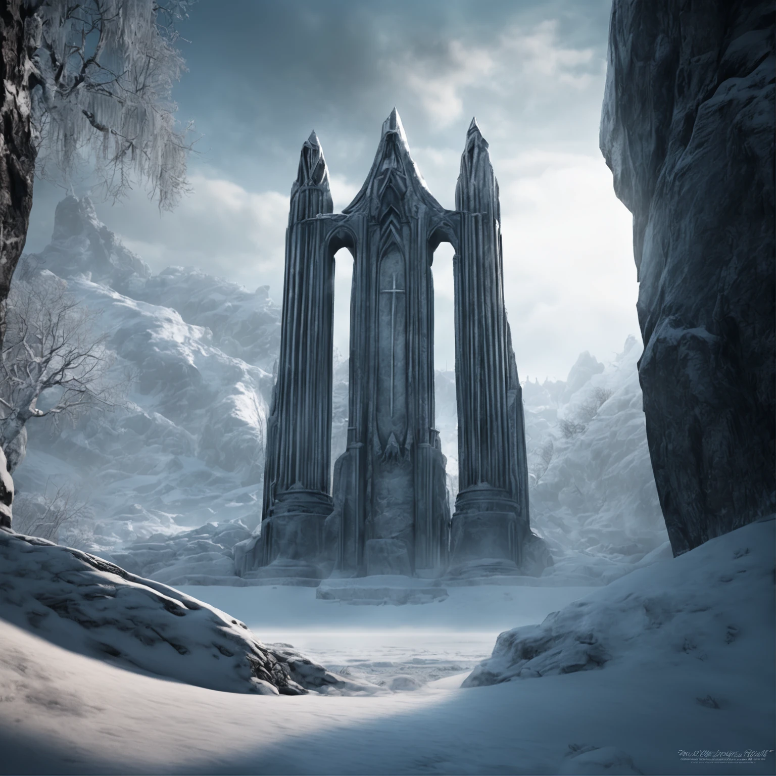 (distant view)Best quality, Masterpiece, eight magnificent pillars that guard the kingdom of frost, snow land, high resolution, (photograph realistic:1.4), surrealism, Dream-like,fusionart, Shadowdancer, shadow magic, darkness control, stealth, shadowstep, umbral spells, hidden blade,