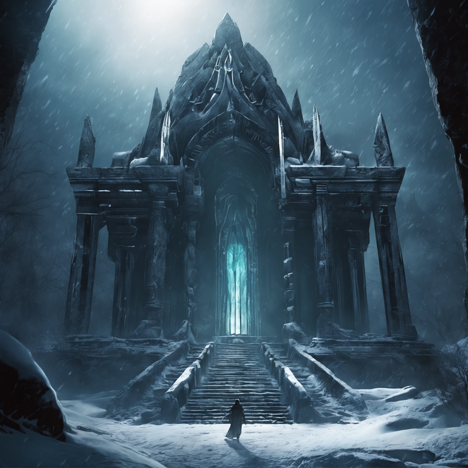 (distant view)Best quality, Masterpiece, eight magnificent pillars that guard the kingdom of frost, snow land, high resolution, (photograph realistic:1.4), surrealism, Dream-like,fusionart, Shadowdancer, shadow magic, darkness control, stealth, shadowstep, umbral spells, hidden blade,