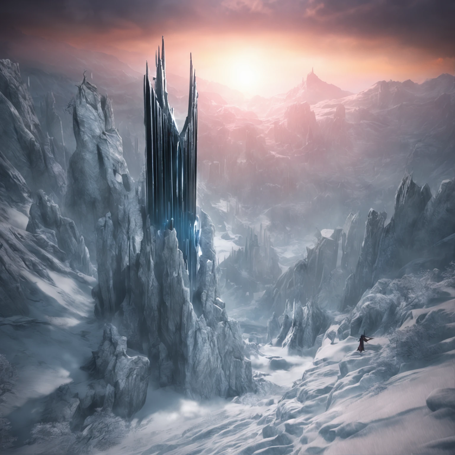 (distant view)Best quality, Masterpiece, eight magnificent pillars that guard the kingdom of frost, snow land, high resolution, (photograph realistic:1.4), surrealism, Dream-like,fusionart, Shadowdancer, shadow magic, darkness control, stealth, shadowstep, umbral spells, hidden blade,