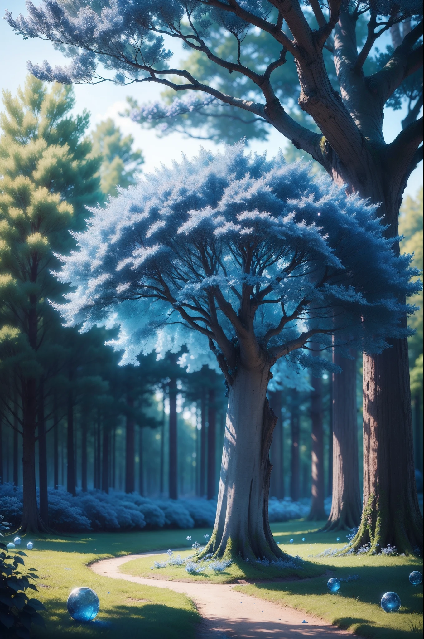 tmasterpiece，Best quality at best，high high quality，the Extremely Detailed CG Unity 8K Wallpapers，An enchanting and dreamy scene of a fantasy forest，award winning photography，Bokeh，depth of fields，hdr，blooms，color difference，真实感，The is very detailed，Midjourney Art,A tree,Blue leaves,(Lots of blue trees:1.5),The tree is covered with blue glowing transparent fruits,A lot of blue fruits fell to the ground,