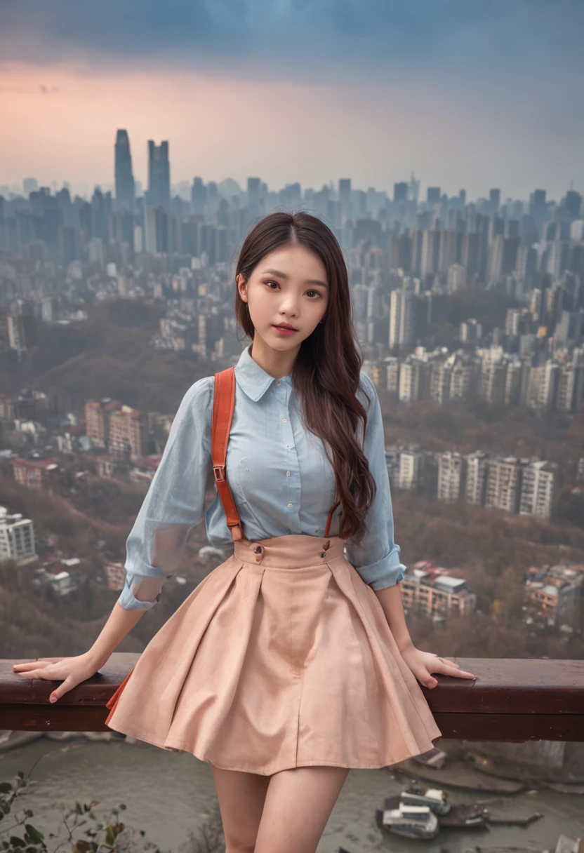 (Beautiful skyline,Magnificent sky),(Intense and dramatic imagery,the moving visual effects),(the high-hanging Polaris,Colorful natural light),（Chongqing 18-year-old mixed-race beautiful girl, China，full bodyesbian），（Wear a casual skirt，with a backpack），Toned Thighs，The reveal panties，（（Canadian orange maple mountain in the background））