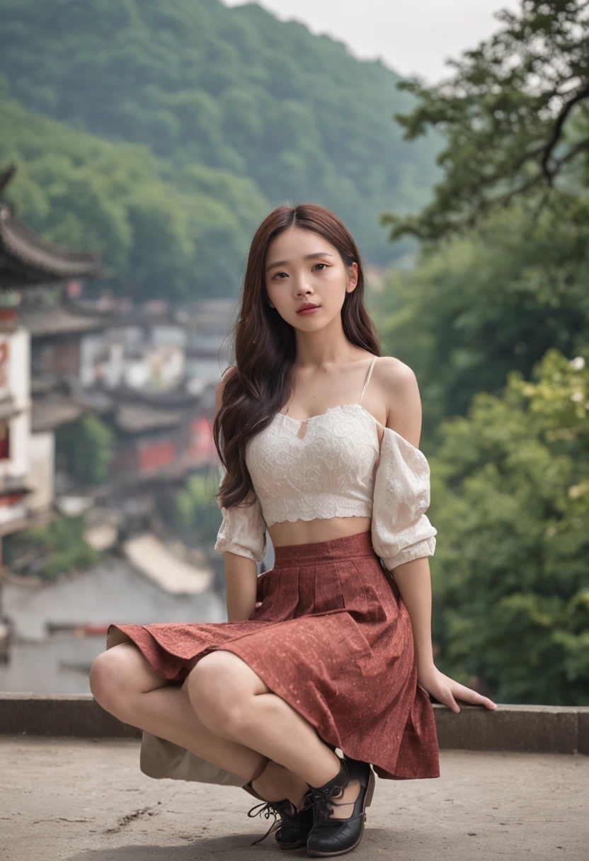 (Beautiful skyline,Magnificent sky),(Intense and dramatic imagery,the moving visual effects),(the high-hanging Polaris,Colorful natural light),（Chongqing 18-year-old mixed-race beautiful girl, China，full bodyesbian），（Wear a casual skirt，with a backpack），Toned Thighs，The reveal panties，（（Canadian orange maple mountain in the background））