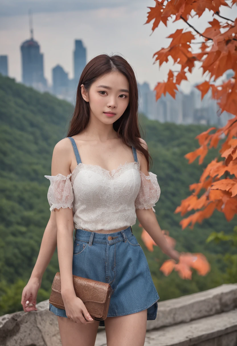 (Beautiful skyline,Magnificent sky),(Intense and dramatic imagery,the moving visual effects),(the high-hanging Polaris,Colorful natural light),（Chongqing 18-year-old mixed-race beautiful girl, China，full bodyesbian），（Wear a casual skirt，with a backpack），Toned Thighs，The reveal panties，（（Canadian orange maple mountain in the background））