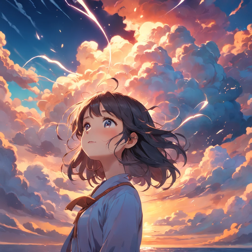 "Create a masterpiece, high-quality movie still featuring a girl with a cloud-like appearance. She is floating in the sky, captured in a close-up shot with bright and vibrant colors. The scene is illuminated by warm soft lighting, creating a happy and warm atmosphere. The backdrop is a beautiful sunset, adding to the overall enchanting ambiance. Additionally, incorporate sparks into the image with a weight of 0.7."