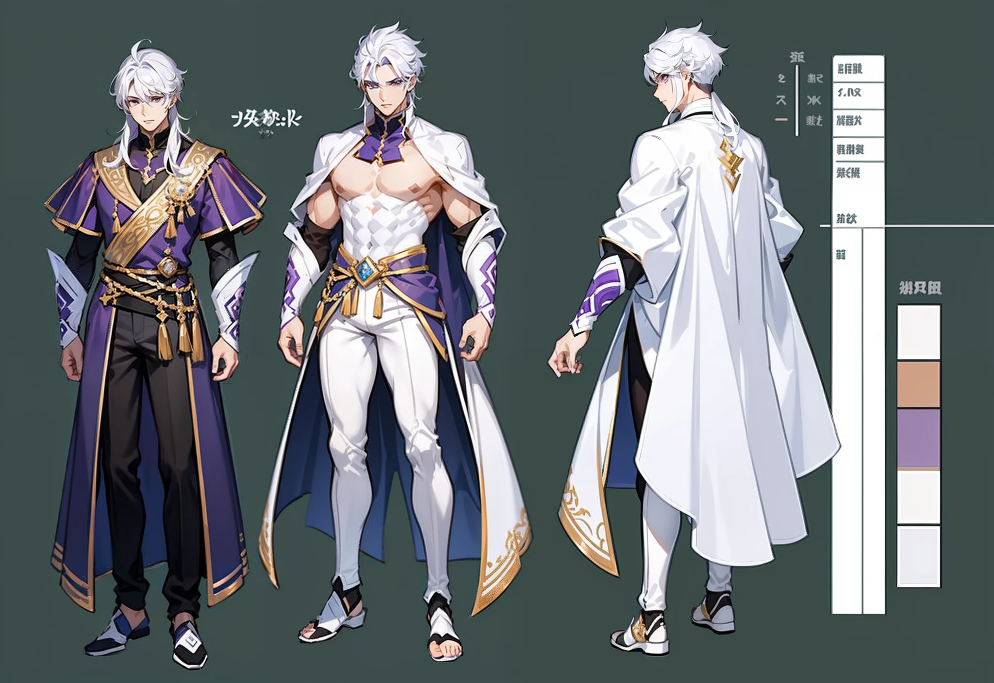 1boy, single, asian boy, reference sheet, character design, front angle, side angle, rear angle, dynamic poses, 1.87 tall, shaved body, (masterpiece:1.2), (best quality:1.3), ice fantasy outfit, muscle body, athletic body. (Purple eyes), (long hair), (long bangs), (white hair), (pale skin), lean (reference sheet:1.5), no text, no symbol, background white