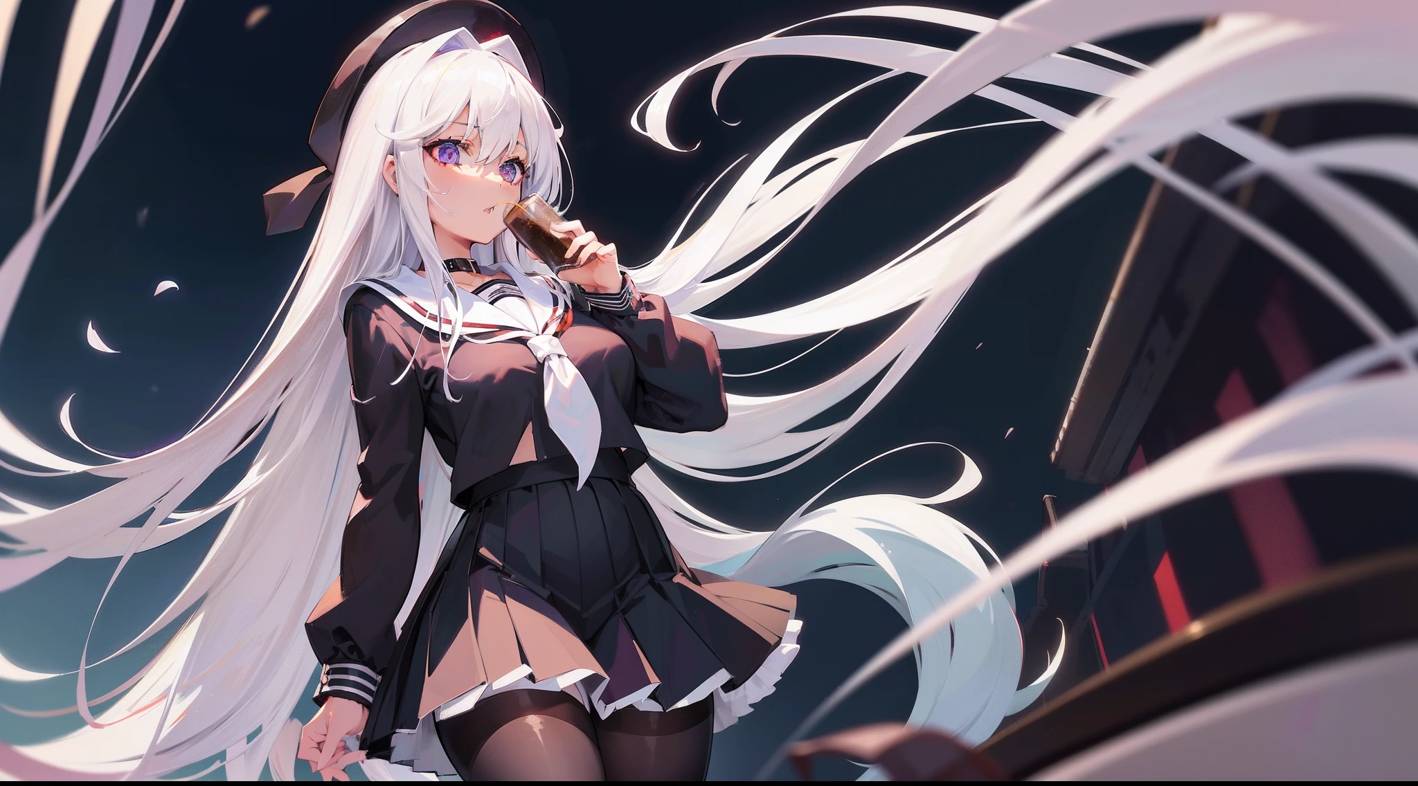 Long white hair, Deep purple eyes, Black pleated skirt,Inside was a white sailor suit,Wearing black pantyhose, Plump body, An anime character, Only one person,Drinking brown drinks on the street