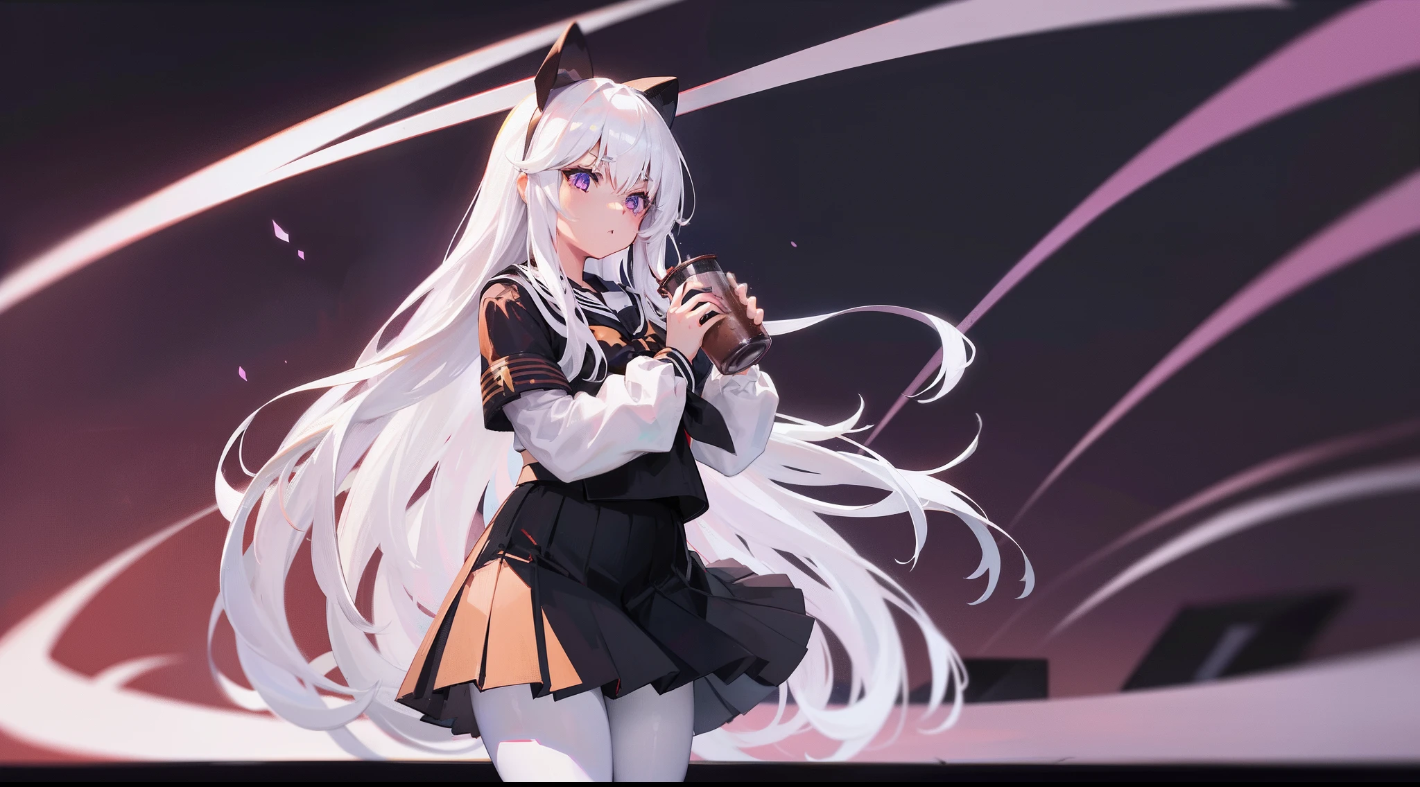 Long white hair, Deep purple eyes, Black pleated skirt,Inside was a white sailor suit,Wearing black pantyhose, Plump body, An anime character, Only one person,Drinking brown drinks on the street
