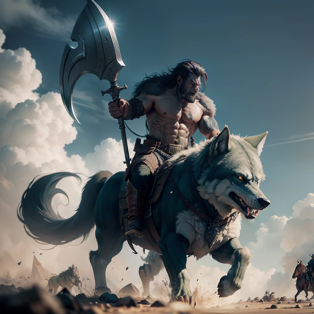 Guy Riding Wolf A man riding on the back of a horse with a large axe - SeaArt AI