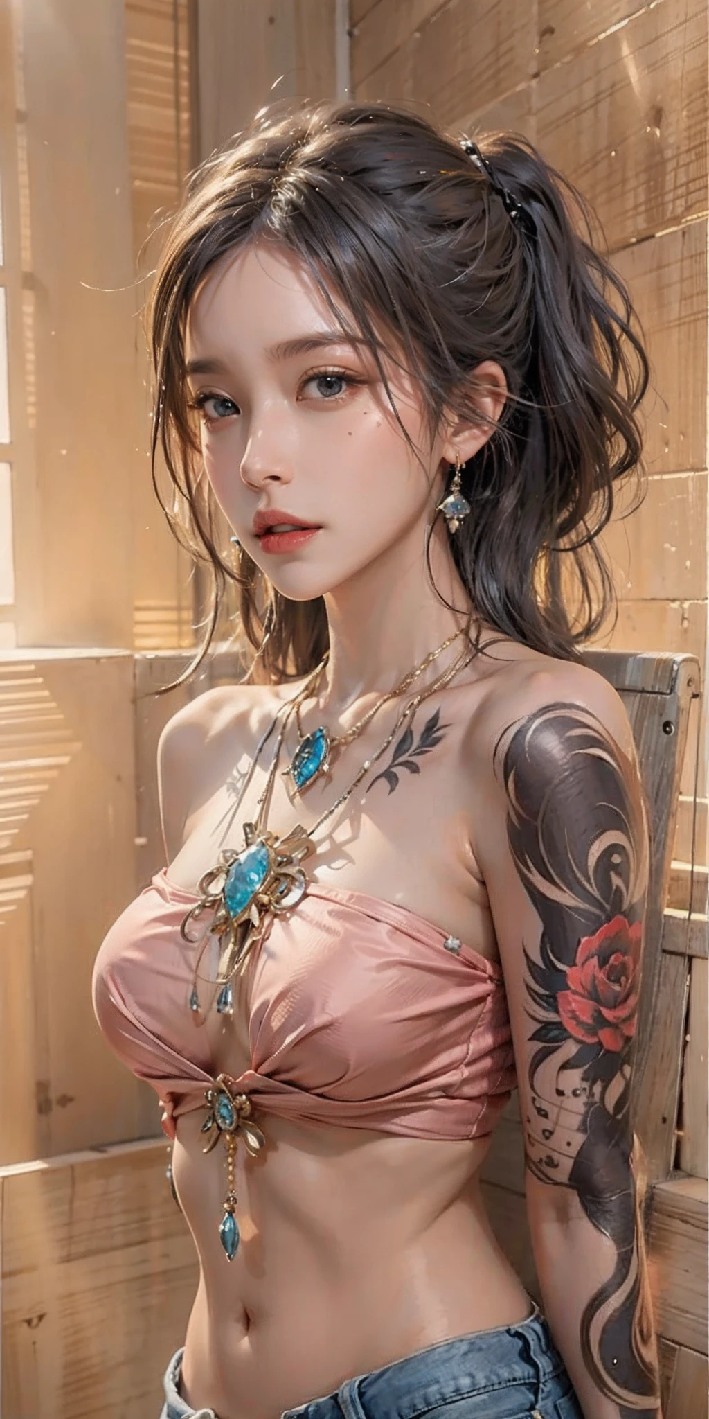 photorealistic, high resolution, soft light,1women, solo, hips up, oil skin, (detailed face), jewelry, tattoo, thick clothing,