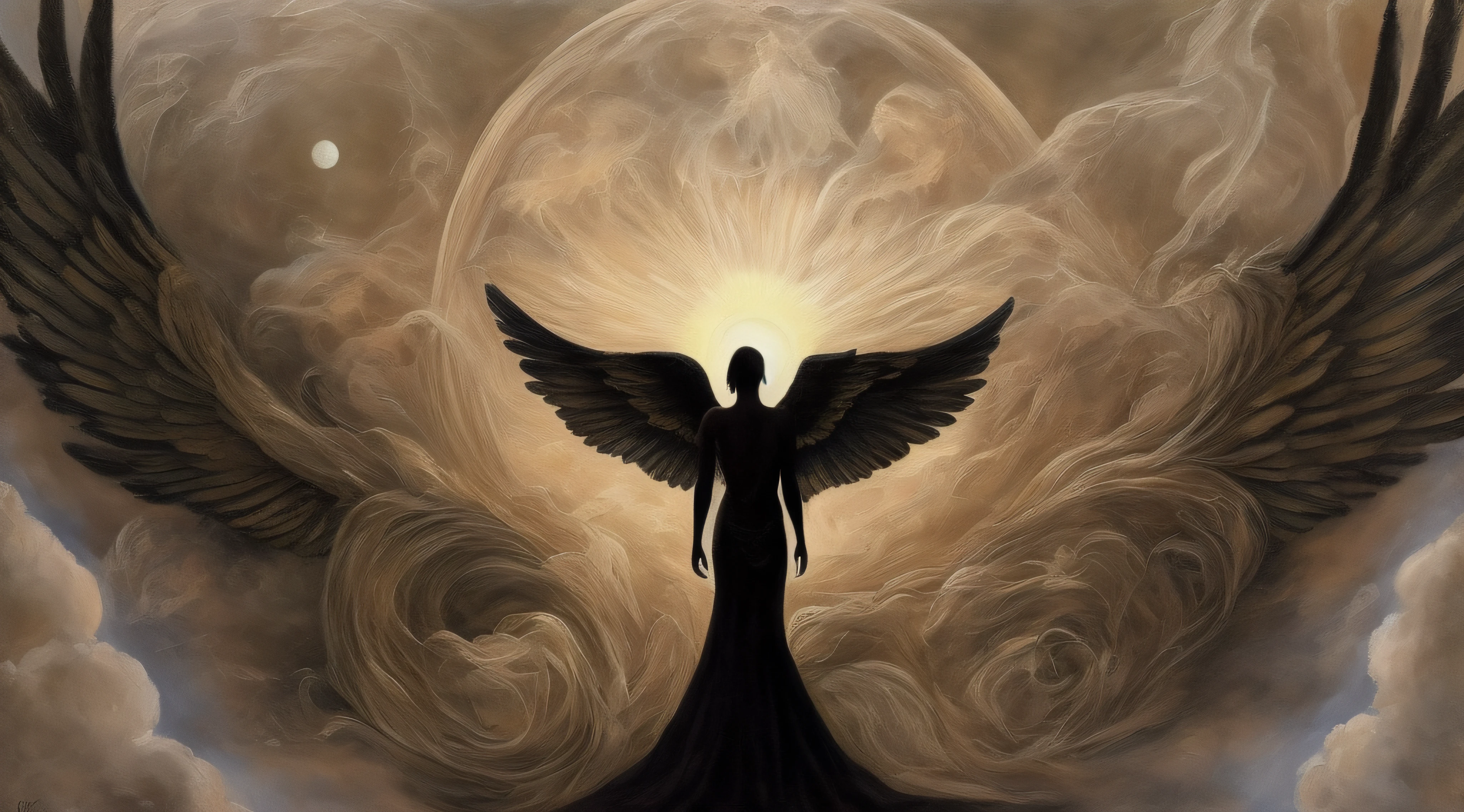 Painting of a woman with wings in front of a full moon - SeaArt AI