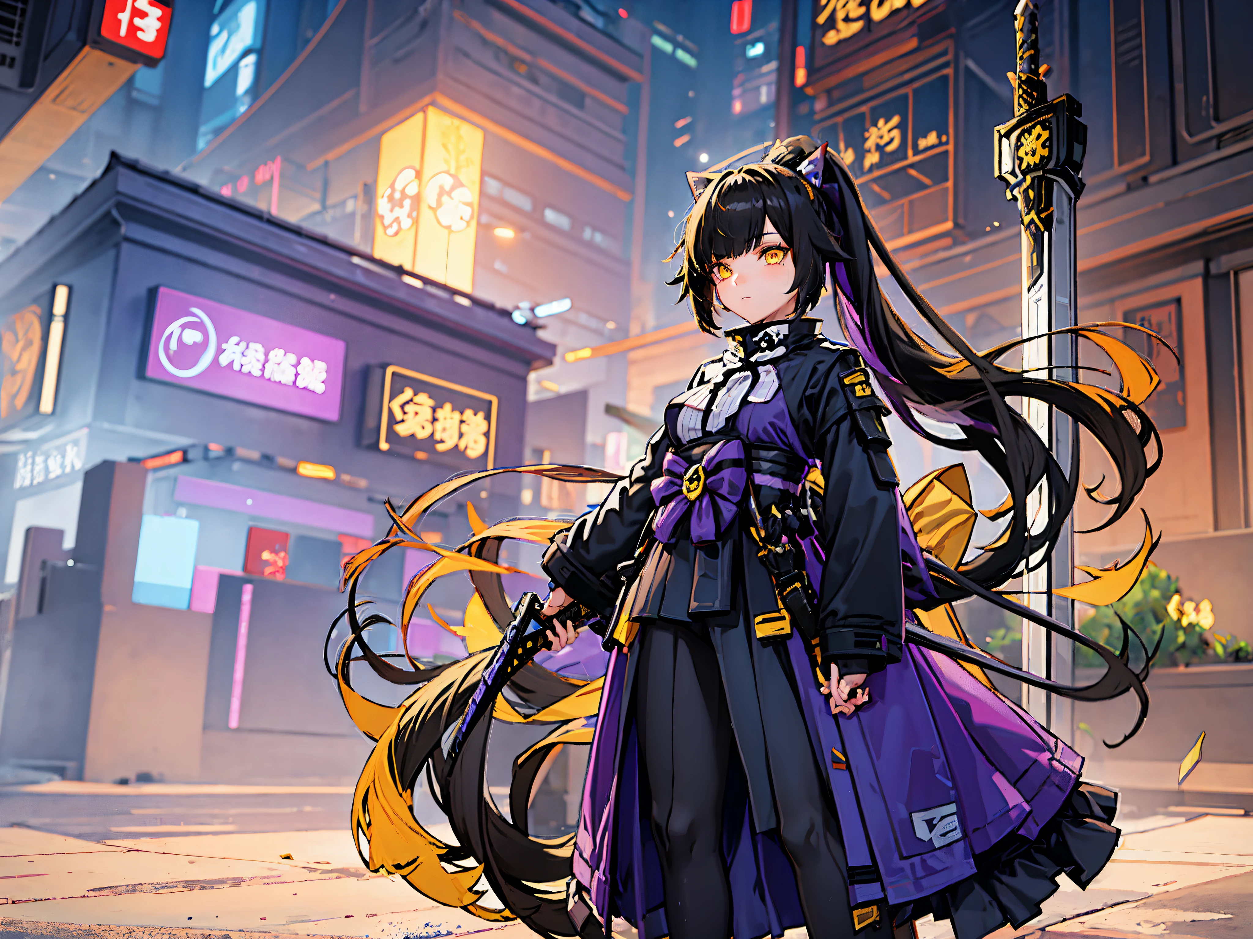 Female, beautiful face, black Long 1 pigtail hair, emo Hair, Holding a sword, yellow eyes, Standing at village, purple Strict samurai suit, Long black leggings, masterpiece