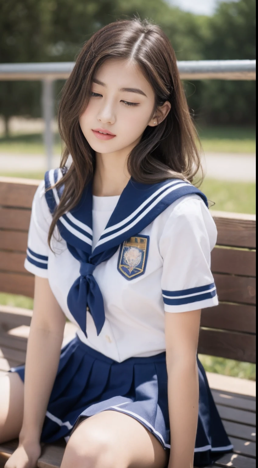 neat college girl, (school uniform, sailor uniform, ribbon tied at chest, summer uniform, upper body white, skirt is navy blue), outside the athletic field, (slim), photorealistic, detail, skin texture, ultra detail, delicate and sexy collarbone, smile, super detailed face, detailed lips, detailed eyes, double eyelids, small breasts, small breasts, small, flat breasts, breast emphasis