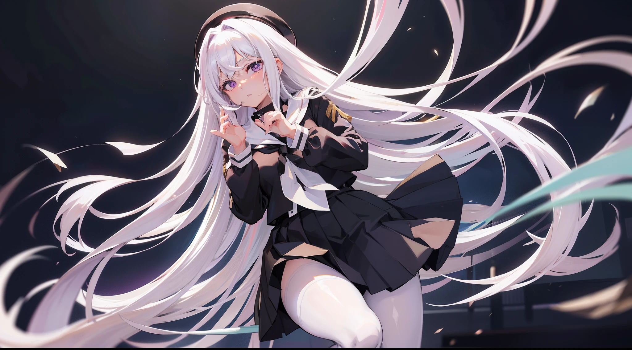 Long white hair, Deep purple eyes, Black pleated skirt，Inside was a white sailor suit，Wearing black pantyhose, Plump body, An anime character, Only one person，Drinking brown drinks on the street