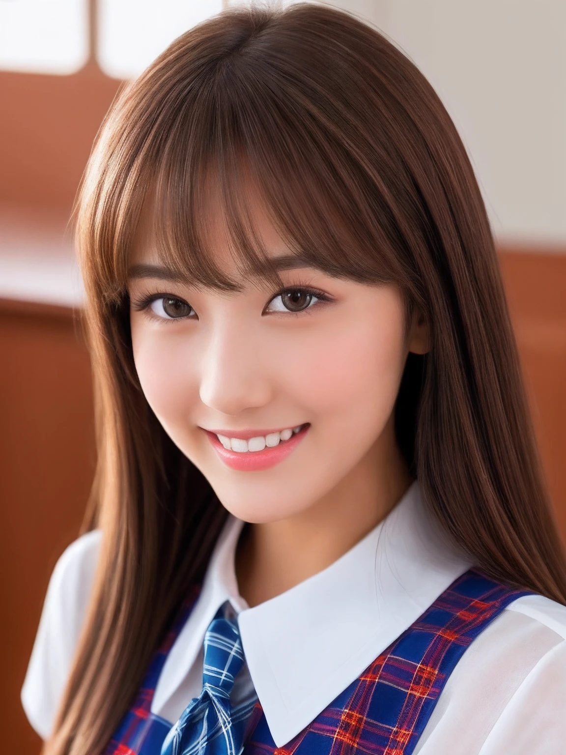 masterpiece, face close up shot, front view, a Japanese young pretty woman, sitting a chair and having a pen with big smile, glamorous figure, wearing a short sleeves white collared shirt with shiny red satin plain bow tie, wearing a blue tartan plaid skirt, absolutely pretty face, glossy lips, double eyelids in both eyes, Natural makeup, long eyelashes, shiny smooth light brown hair of medium length, asymmetrical bangs, tanned skin, alone in the classroom, a textbook and a note on the desk, head frame, central image, 8K resolution, high detail, detailed hairstyle, Detailed Face, spectacular cinematic lighting, octane rendering, vibrant, hyper realistic, perfect limbs, perfect anatomy