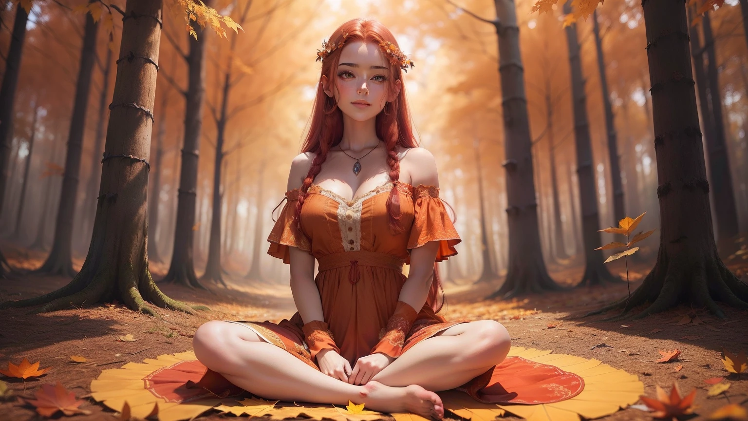 obra-prima, melhor qualidade, realista, 1girl, cabelo vermelho, uma mulher ruiva sorrindo de olhos fechados, with bohemian dress, Sitting on the floor in Lotus posture, in a forest full of autumn trees with leaves in shades of orange and red. The leaf-covered ground creates a calm atmosphere.