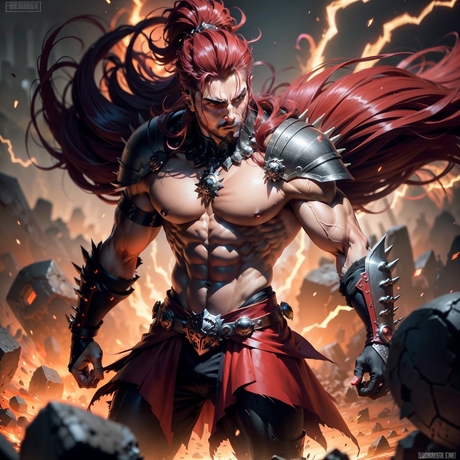 Guerreiro poderoso, musculoso, hair spiky back crimson. Pose de frente, postura imponente e superioridade. Red magic magic power around the body, aura carmesim, magic energy, aura poderosa, poderes. Blurred background of a giant pile of bones and skulls.