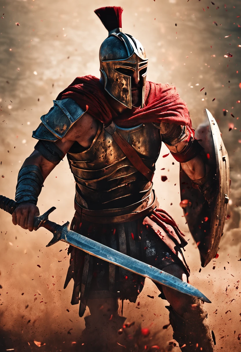 spartan warrior, fighting , bloody armor, epic, 8k