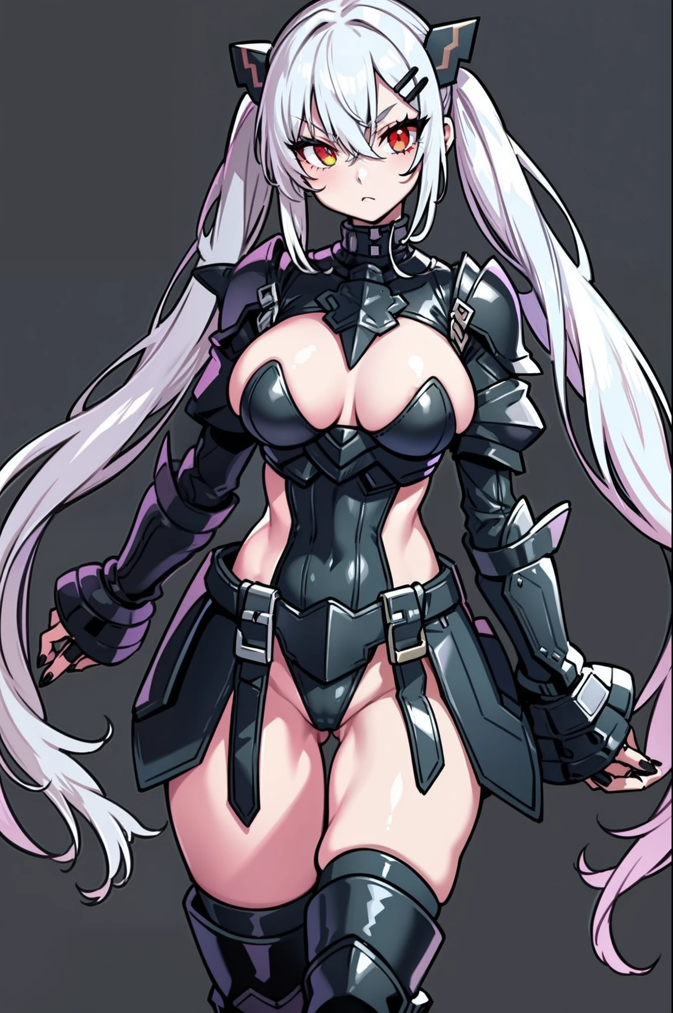 1girl, armor, black nails, bodysuit, breasts, crossed bangs, hair between eyes, hair ornament, hairclip, heterochromia, high heel boots, high heels, large breasts, long hair, looking at viewer, low twintails, nail polish, sharp fingernails, simple background, solo, twintails, very long hair, white background