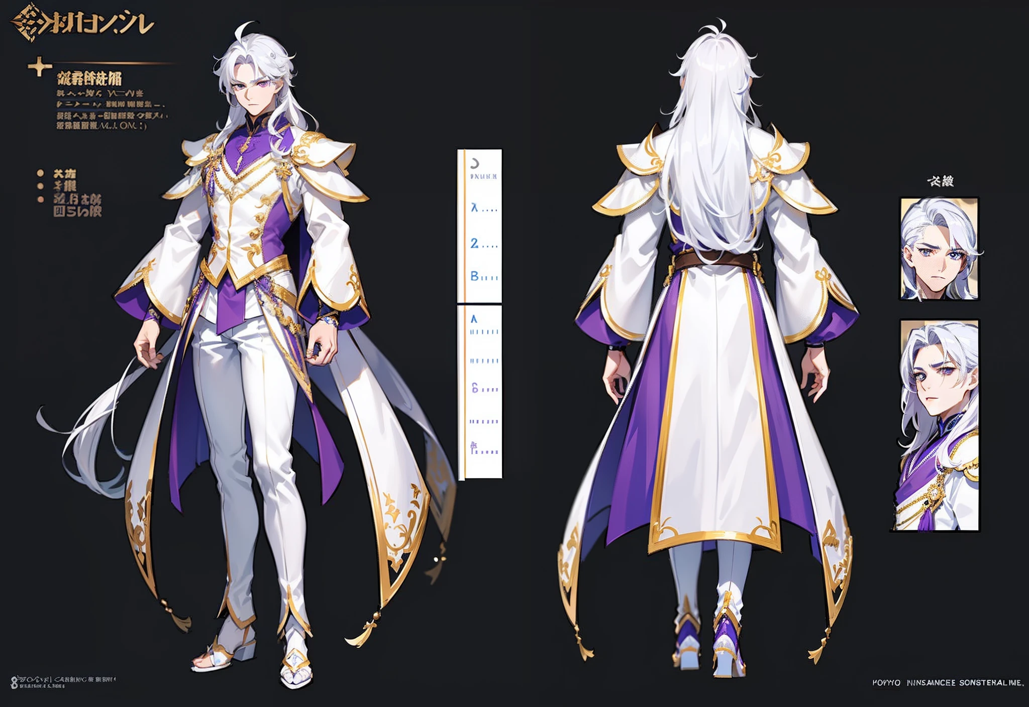 1boy, single, asian boy, reference sheet, character design, front angle, side angle, rear angle, dynamic poses, 1.87 tall, shaved body, (masterpiece:1.2), (best quality:1.3), ice fantasy outfit, muscle body, athletic body. (Purple eyes), (long hair), (long bangs), (white hair), (pale skin),  lean (reference sheet:1.5), no text, no symbol,  background white