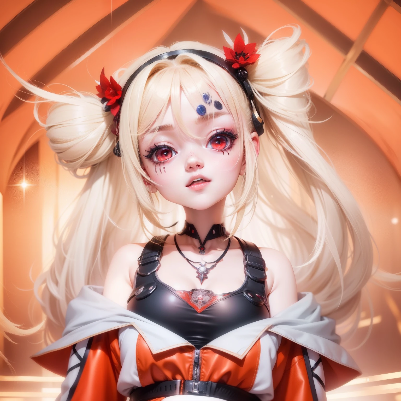 1girl, blonde hair, cute girl, ahegao, red eyes, realistic, ultra detail, 70mm lens, 22 years old, scary face, adult face, 4k style,