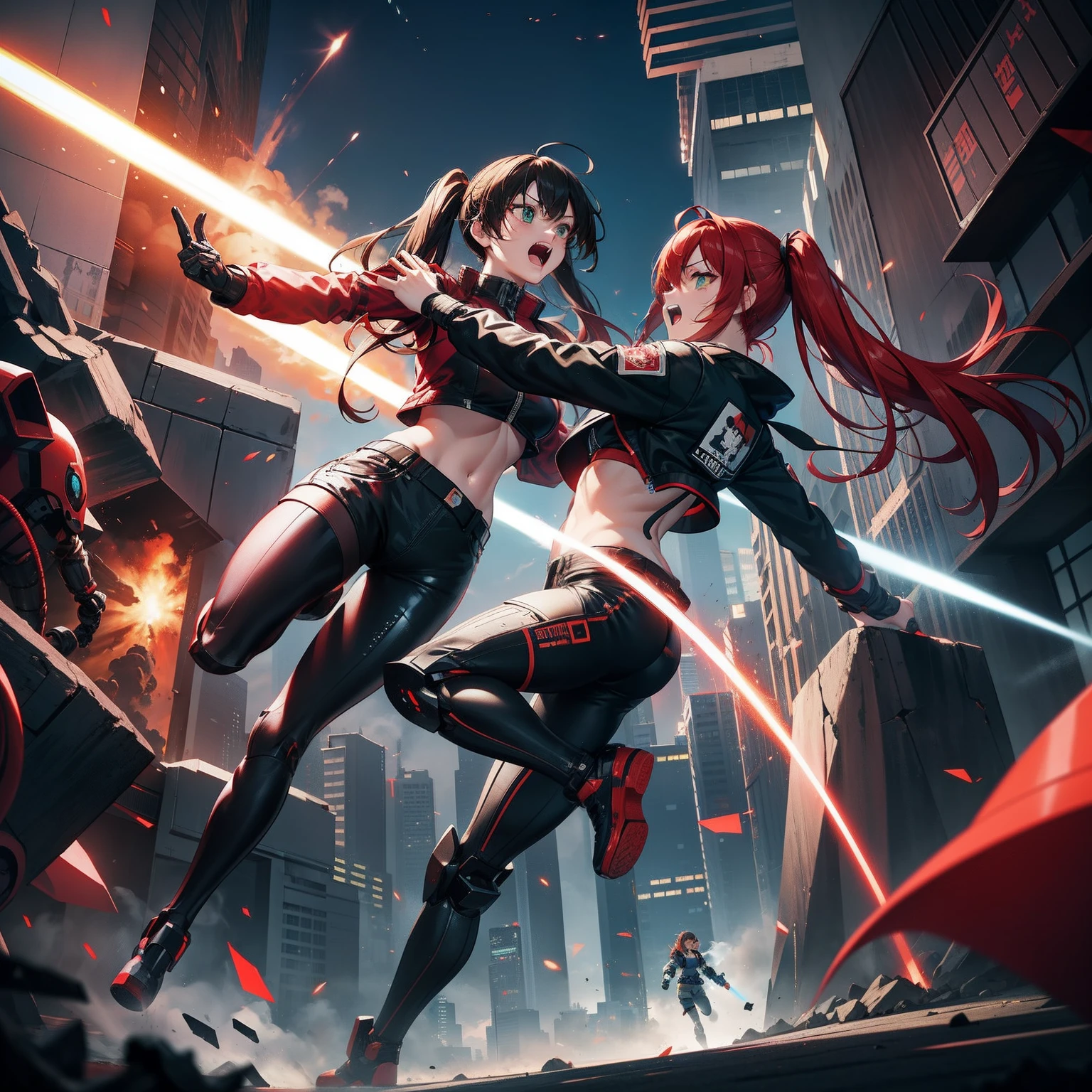 Full body shot, female asian Irina Shidou red hair twintails green eyes, in a cyberpunk city, wearing a bomber jacket and crop top and denim shorts, fighting a humanoid robot android with metal chrome exterior, holding a big machine gun, holding a long laser rifle, shooting laser rifle, shooting lasers up at the sky, missile strike, rocket launch, rapid fire, explosions, hand to hand combat, fighting, round house kick, jumping kick, guns flaring, punch face, open mouth, screaming, frontal shot, side shot, rear shot, back shot, behind shot, masterpiece, highly detailed