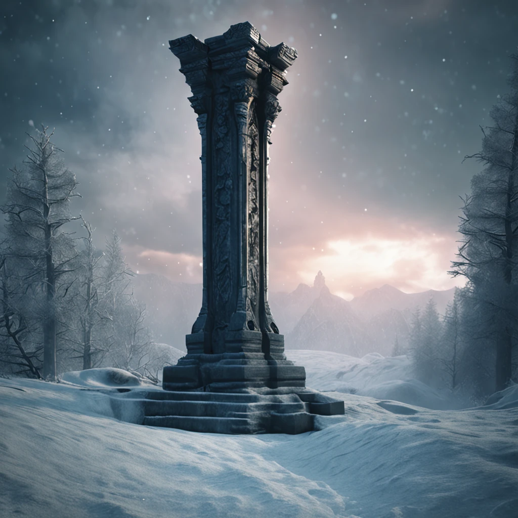 (distant view)Best quality, Masterpiece, 1 magnificent pillar at the boundary of the frost kingdom , snow land, high resolution, (photograph realistic:1.4), surrealism, Dream-like,fusionart, Shadowdancer, shadow magic, darkness control, stealth, shadowstep, umbral spells, hidden blade,