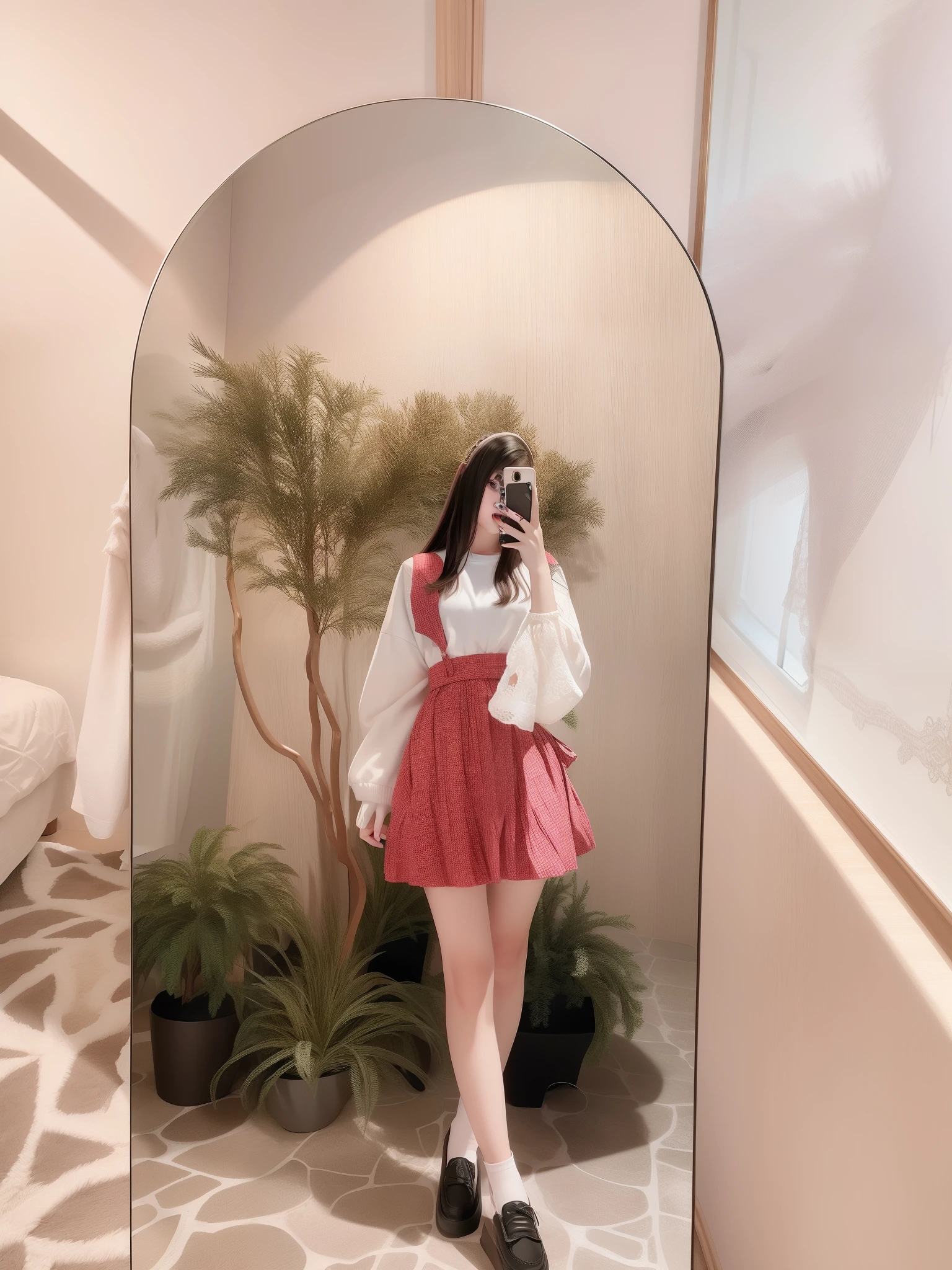 araffe woman taking a picture of herself in a mirror, 🤬 🤮 💕 🎀, 1 8 yo, ulzzang, 😭 🤮 💕 🎀, full body picture, plaid skirt, cute girl, Middle metaverse, loli, profile pic, 👁🌹👾, rin, katelynn mini cute style