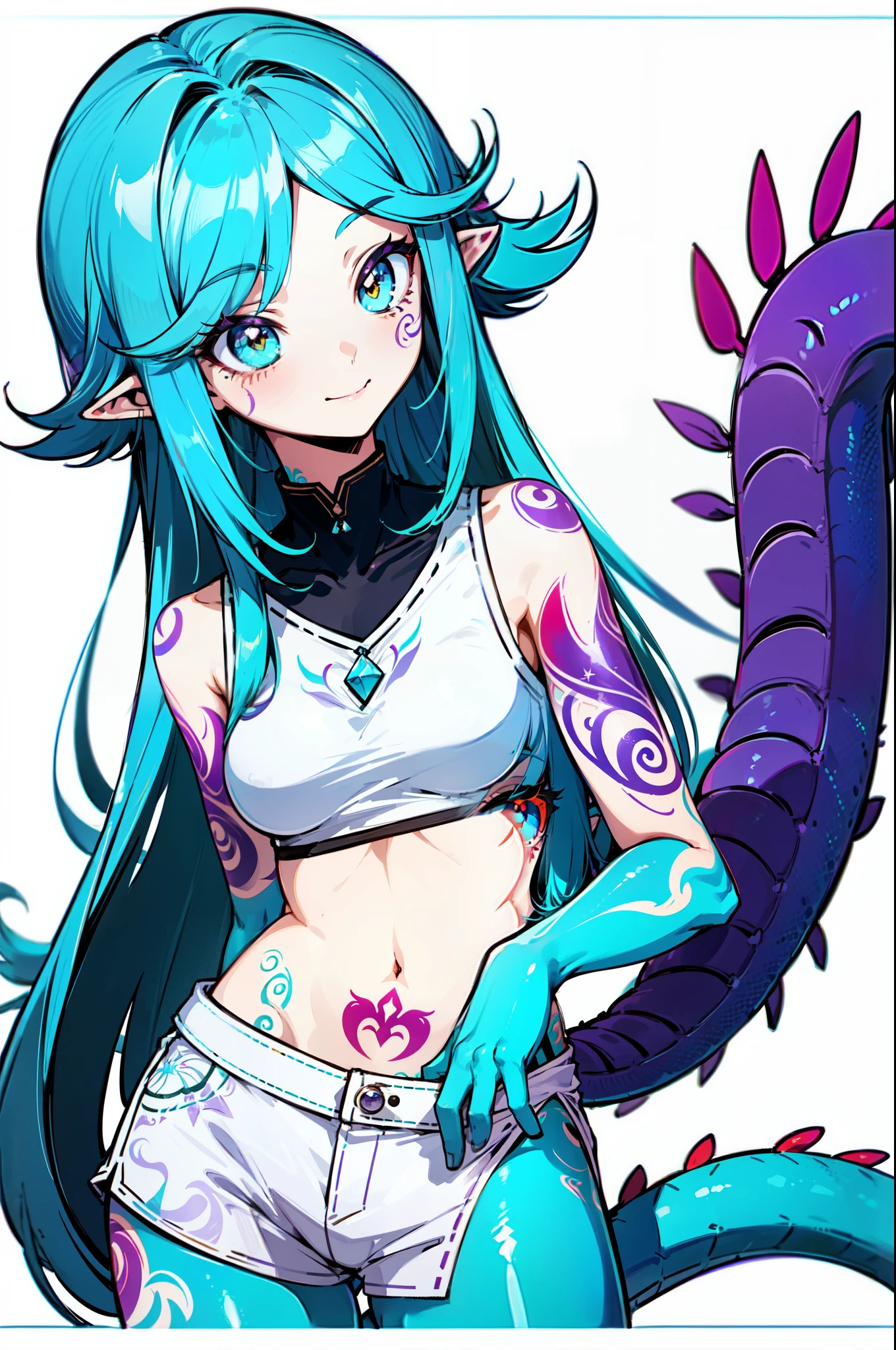 1girl, solo, cyan hair, light blue hair, very long hair, green eyes, small breasts, crop top, white top, navel, white shorts, (lizard tail, calango tail:1.25), pointy ears, (red tattoos, purple tattoos, tattoos all over her body:1.23), standing, smiling, closed mouth, arms behind back, close-up, portrait, zoom in, transparent background, white background, ((masterpiece, best quality, limited palette))