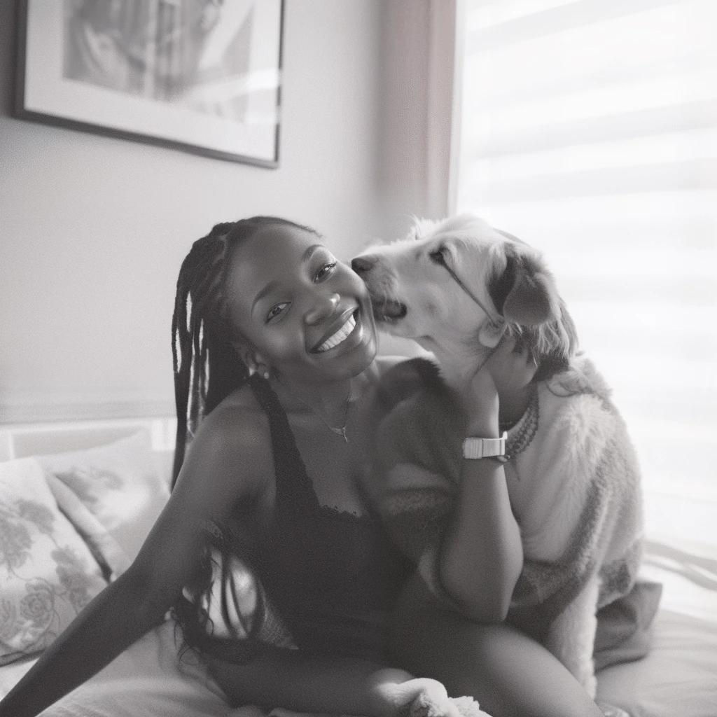 (masterpiece) , realistic, photo of an Afrrican-American woman, beautiful face, sunlight, cinematic light, stunningly beautiful woman, beautiful eyes, perfect anatomy, very cute,
masterpiece, (best quality), highly detailed, (real photo:1) of beautiful black woman, dark skin, sitting on bed with dog, 64k, darkness, accent lighting, 100mm, high contrast, simple background, woman sitting on bed with dog and smiling, shot with a arriflex 35 ii, 3 5 mm black and white, shot with a canon 35mm lens, photographed in film, home photography portrait, itaken with kodak portra, a black and white photo,