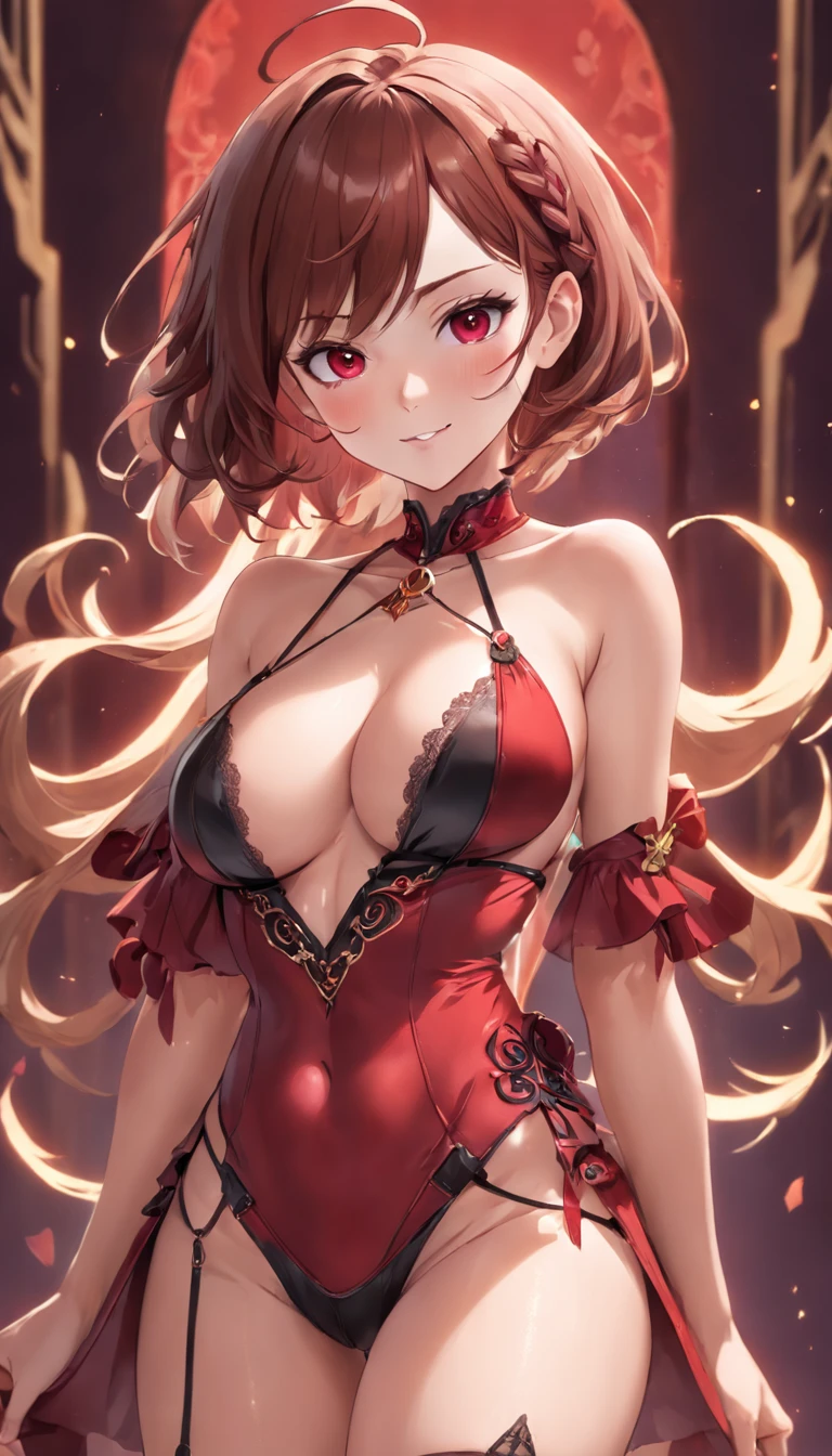 sexual appearance. Stunning magica fantasy full body portrait of a busty woman in dark red racy sexy lingerie, wearing a garter belt, age 27, plunging neckline highlighting feminine features, slender body, small ears, Brown Hair, Short Wavy Hair, Smiling Happily, Dynamic Pose, Ticker, Fantasy, Extreme Detail, 4Kde, Ultra HD, Trending on ArtStation, Polished, Radiant, Vibrant, Background Lighting, (8Kdende UltraHD), Unreal Engine 5 portions, intricately detailed, 3D vray detailed
