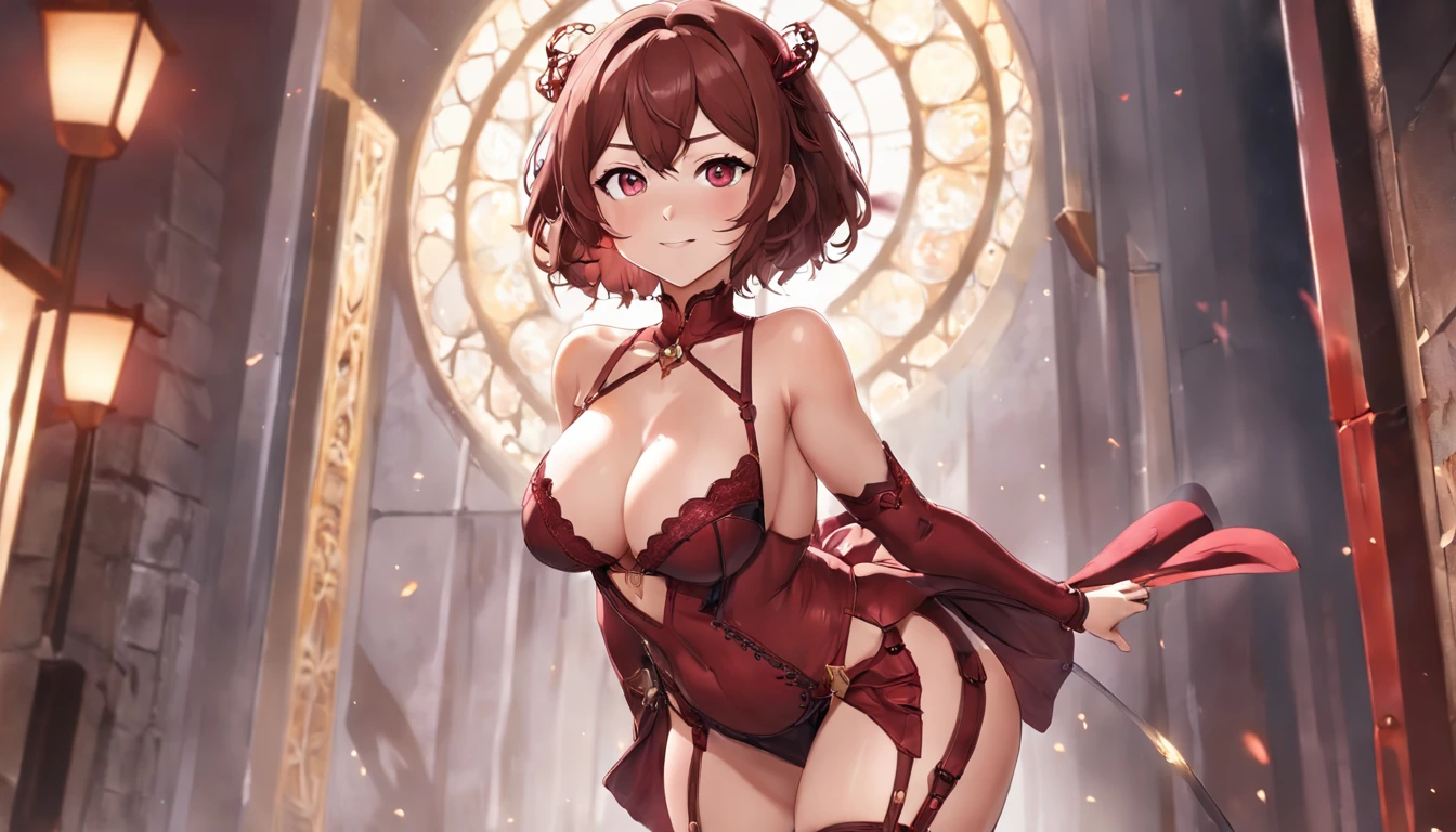 sexual appearance. Stunning magica fantasy full body portrait of a busty woman in dark red racy sexy lingerie, wearing a garter belt, age 27, plunging neckline highlighting feminine features, slender body, small ears, Brown Hair, Short Wavy Hair, Smiling Happily, Dynamic Pose, Ticker, Fantasy, Extreme Detail, 4Kde, Ultra HD, Trending on ArtStation, Polished, Radiant, Vibrant, Background Lighting, (8Kdende UltraHD), Unreal Engine 5 portions, intricately detailed, 3D vray detailed