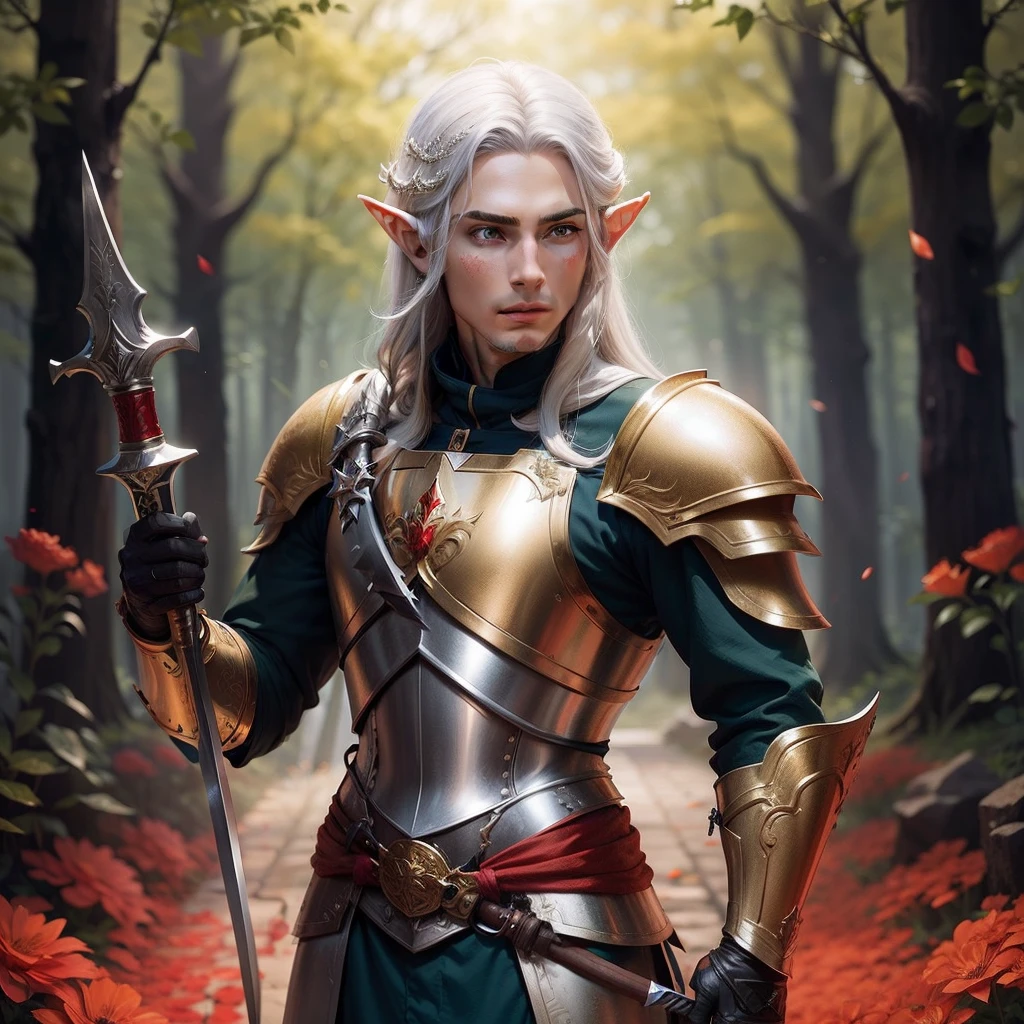 a male elf，holding a longsword，Golden armor，silver helmets，forest backgrou，Red flowers
