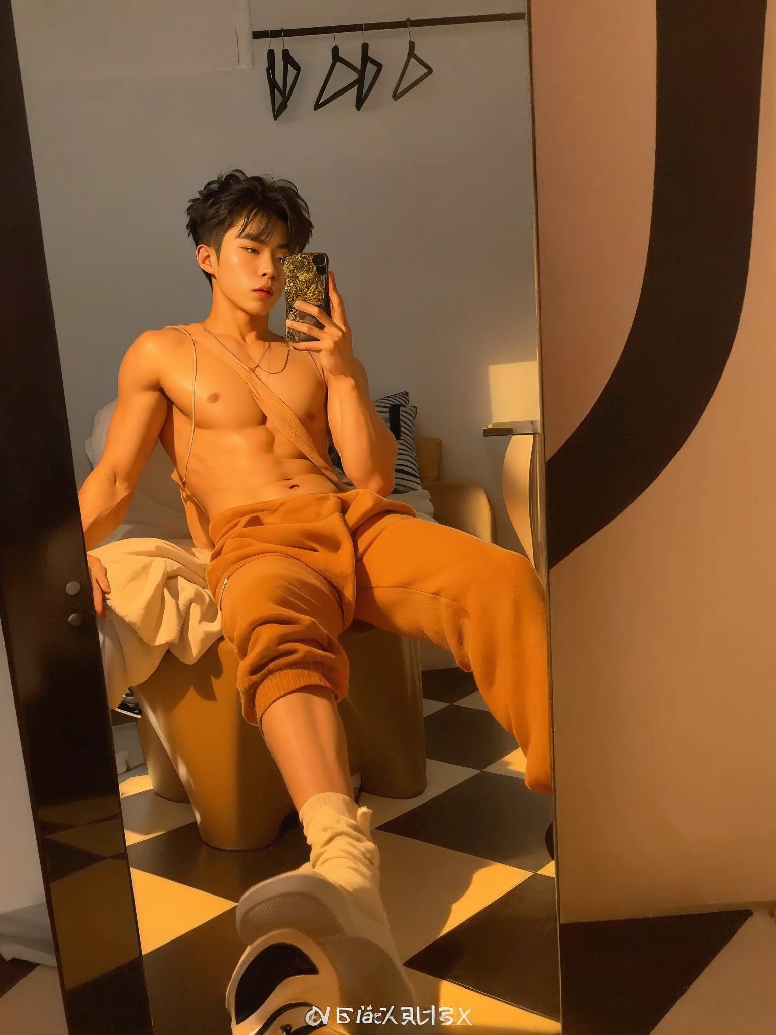 The Alafeld man sits on the bed taking a selfie in front of the mirror, korean muscle boy 2 1 years old, Cai Xukun, Delicate boy， There were black briefs on the bed，A condom，jimin,  Myself, Male ulzzang,, posing in the bedroom, Inspired by Bian Shoumin, Kim Tae-joon, leaked image, leaked photo, brown clothes