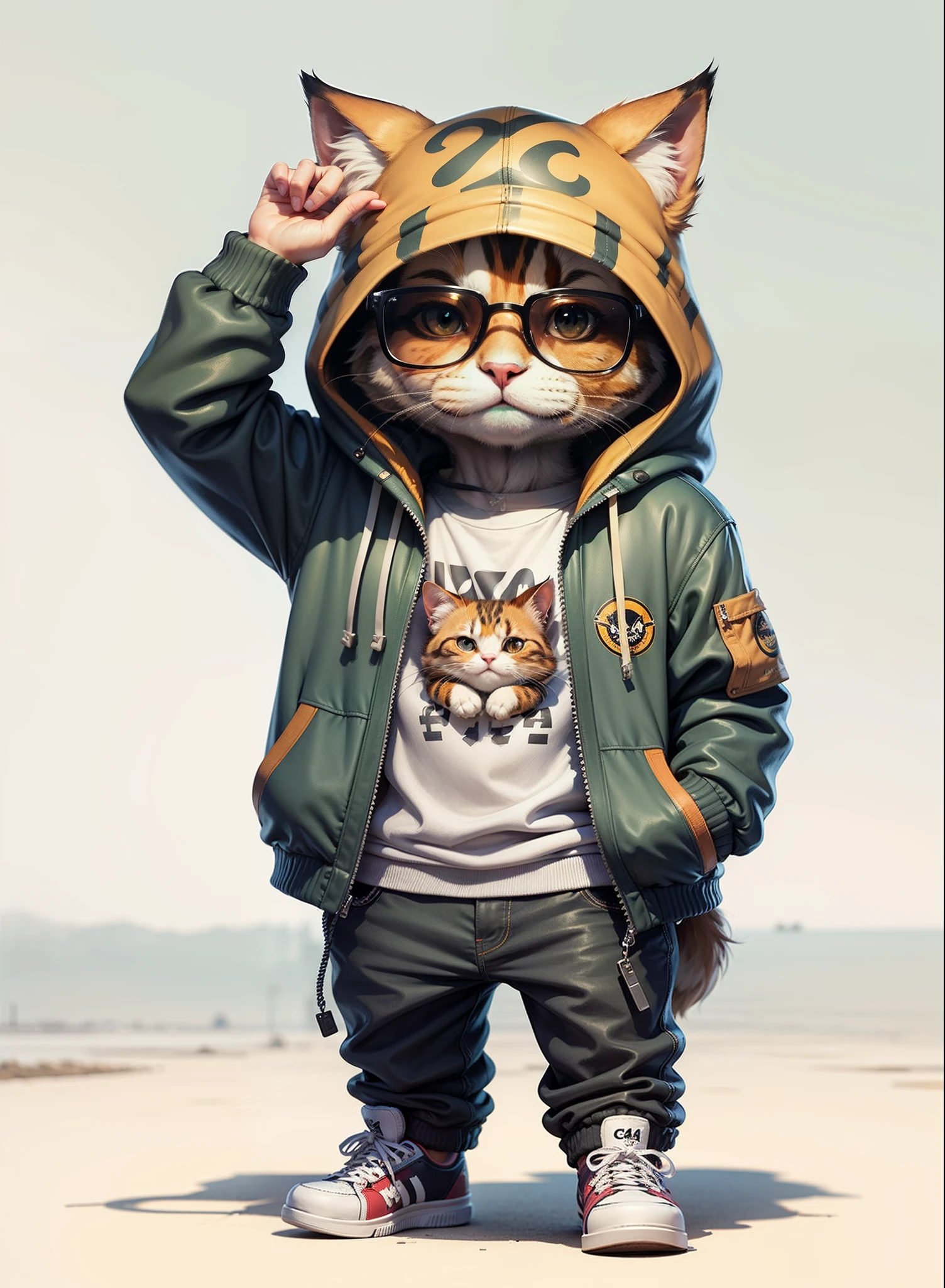 C4tt4stic, Cartoon calico cat in jacket and skateboard, Sunglasses,