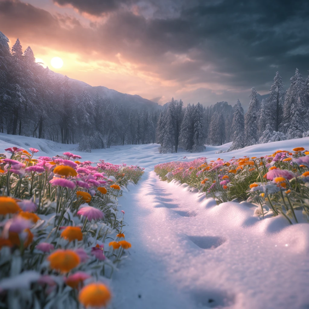 Best quality, Masterpiece, flower garden in the snow land, only one daisy survived in the harsh winter, high resolution, (photograph realistic:1.4), surrealism, Dream-like,fusionart, Shadowdancer, shadow magic, darkness control, stealth, shadowstep, umbral spells, hidden blade,