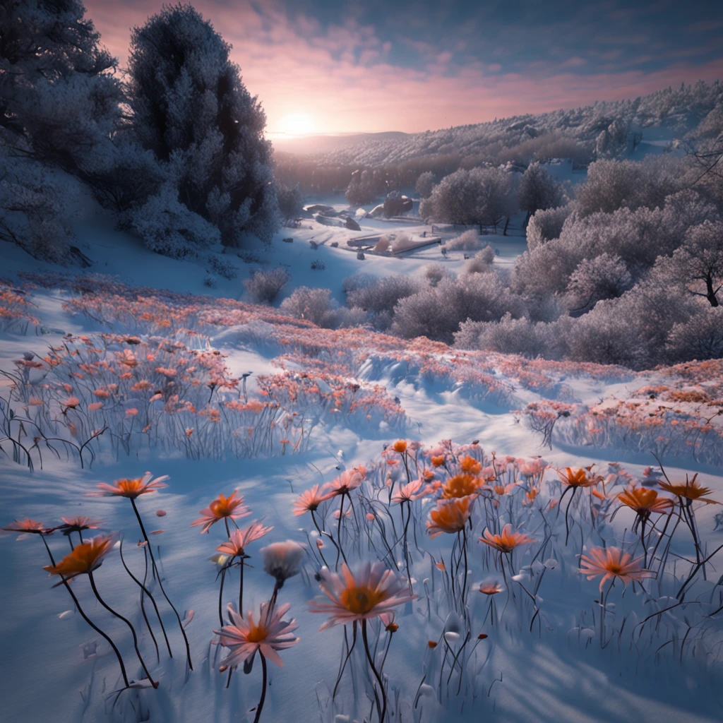 Best quality, Masterpiece, flower garden in the snow land, only one daisy survived in the harsh winter, high resolution, (photograph realistic:1.4), surrealism, Dream-like,fusionart, Shadowdancer, shadow magic, darkness control, stealth, shadowstep, umbral spells, hidden blade,